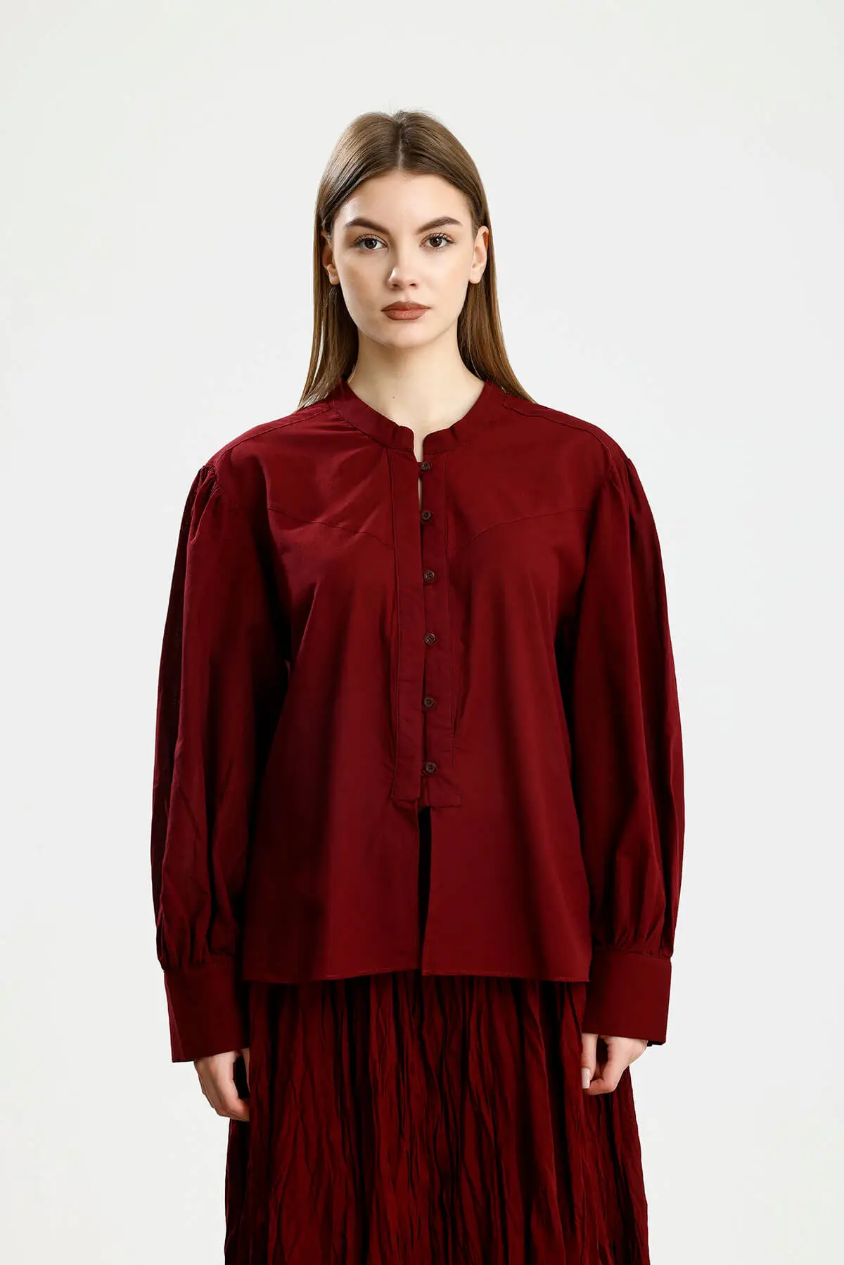 BÜZGÜ DETAYLI PAMUKLU GÖMLEK BORDO