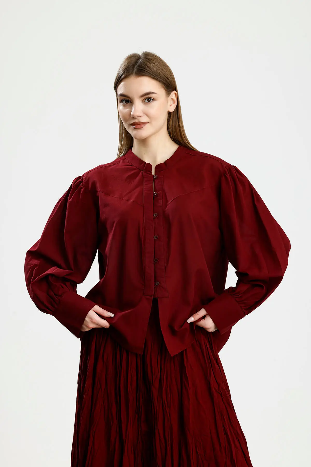 BÜZGÜ DETAYLI PAMUKLU GÖMLEK BORDO - 2