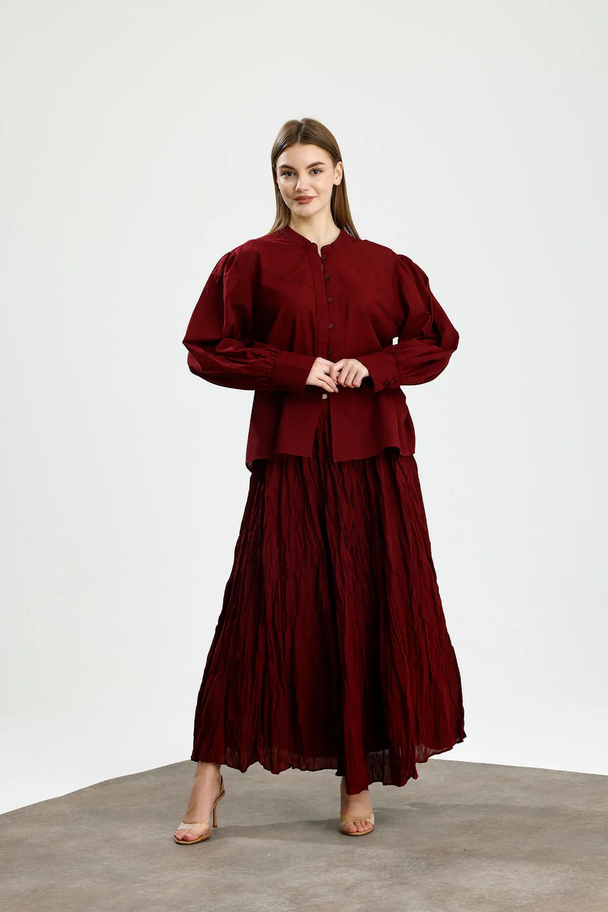 BÜZGÜ DETAYLI PAMUKLU GÖMLEK BORDO - 3