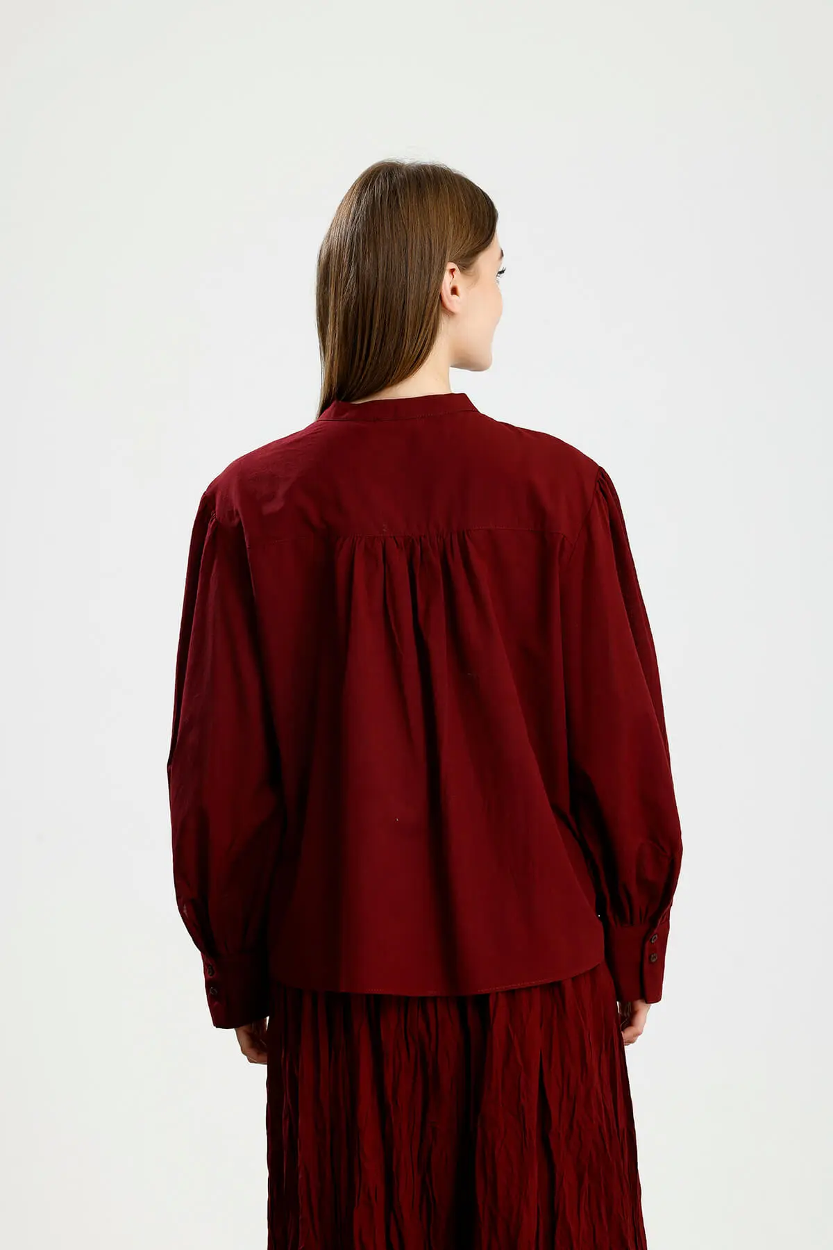 BÜZGÜ DETAYLI PAMUKLU GÖMLEK BORDO - 4