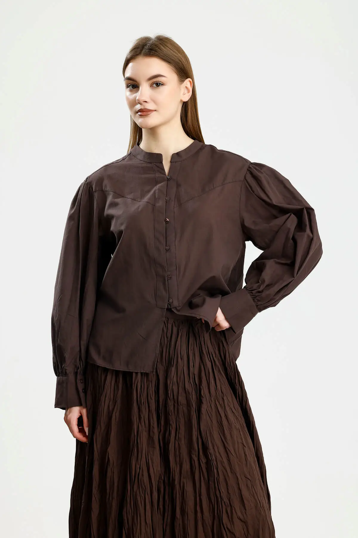 BÜZGÜ DETAYLI PAMUKLU GÖMLEK KAHVE - 2