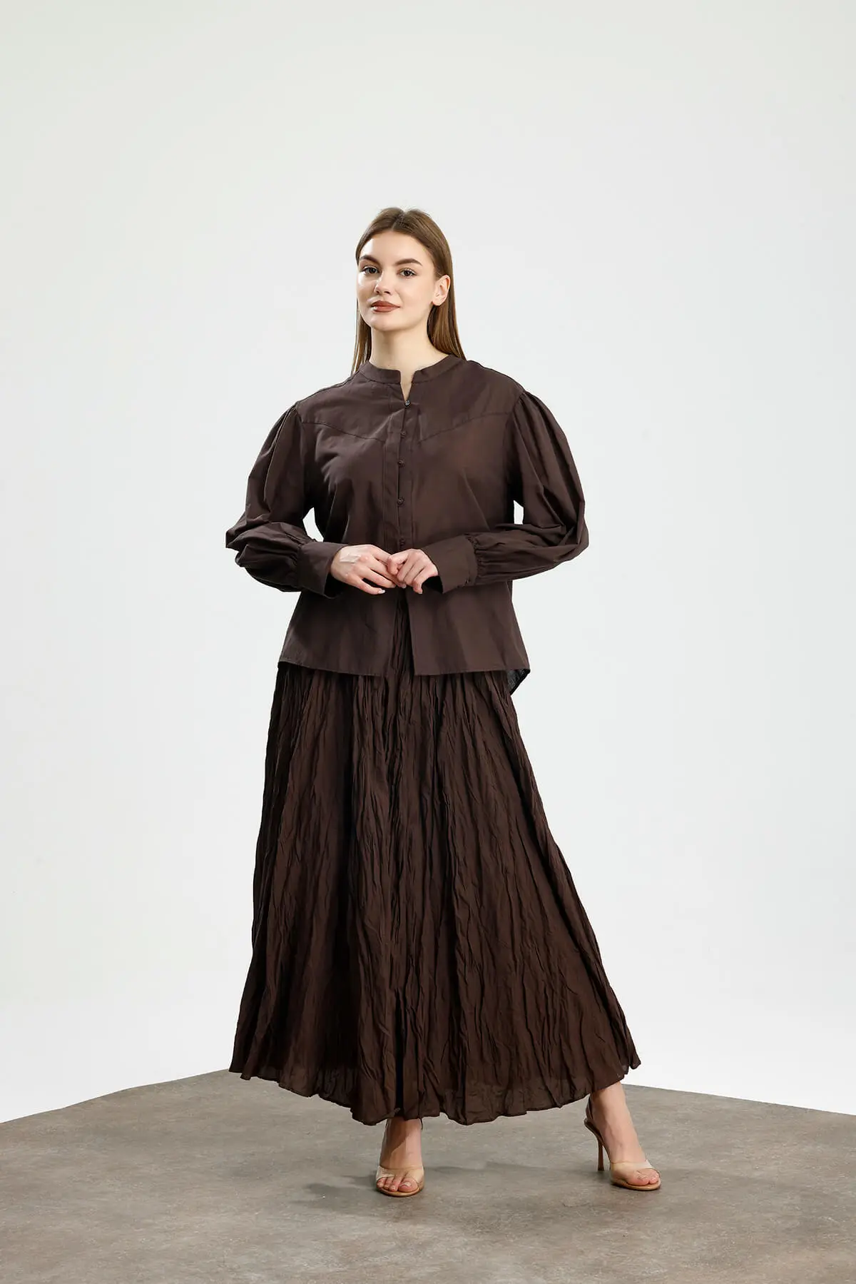 BÜZGÜ DETAYLI PAMUKLU GÖMLEK KAHVE - 3