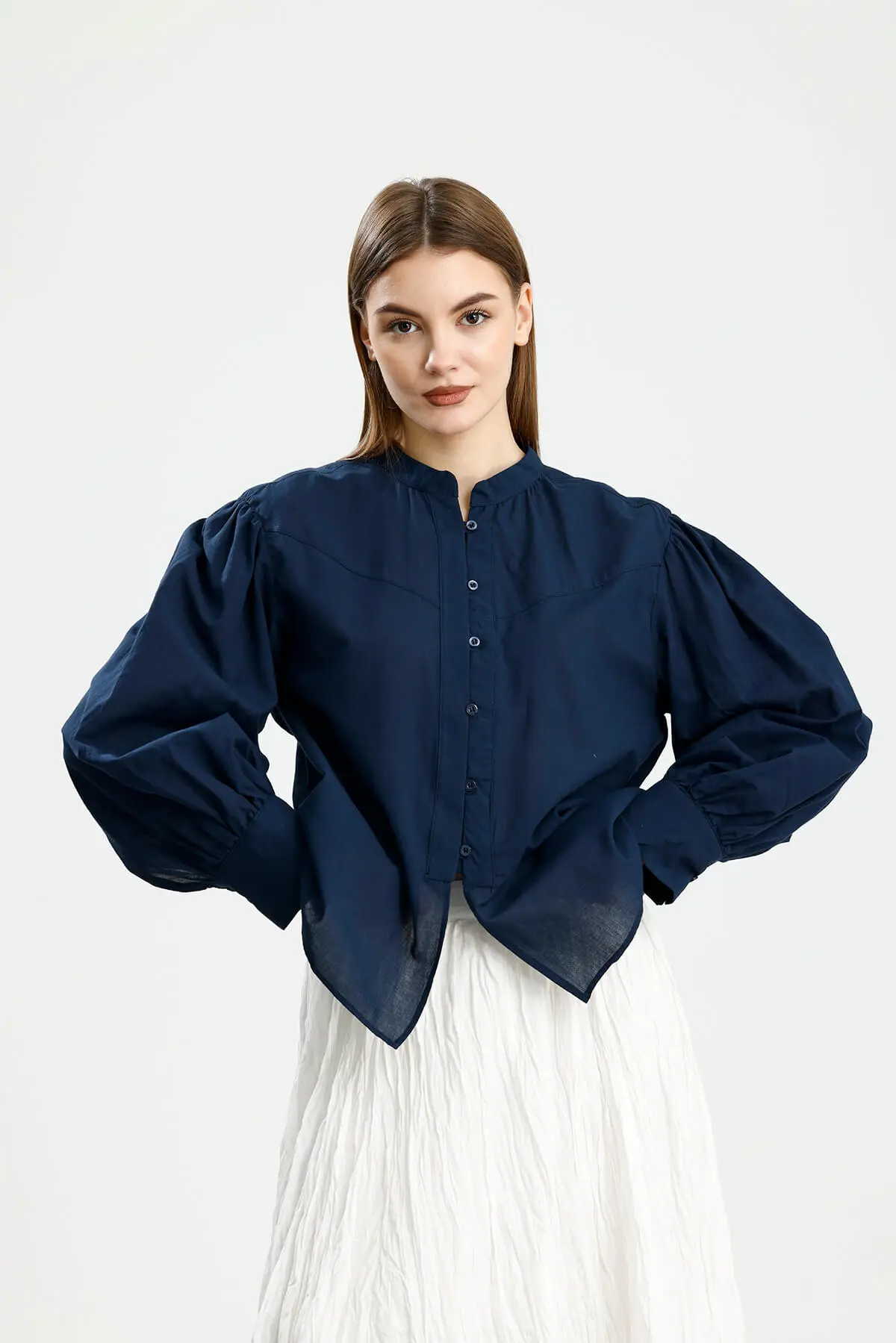 BÜZGÜ DETAYLI PAMUKLU GÖMLEK LACİVERT - 2