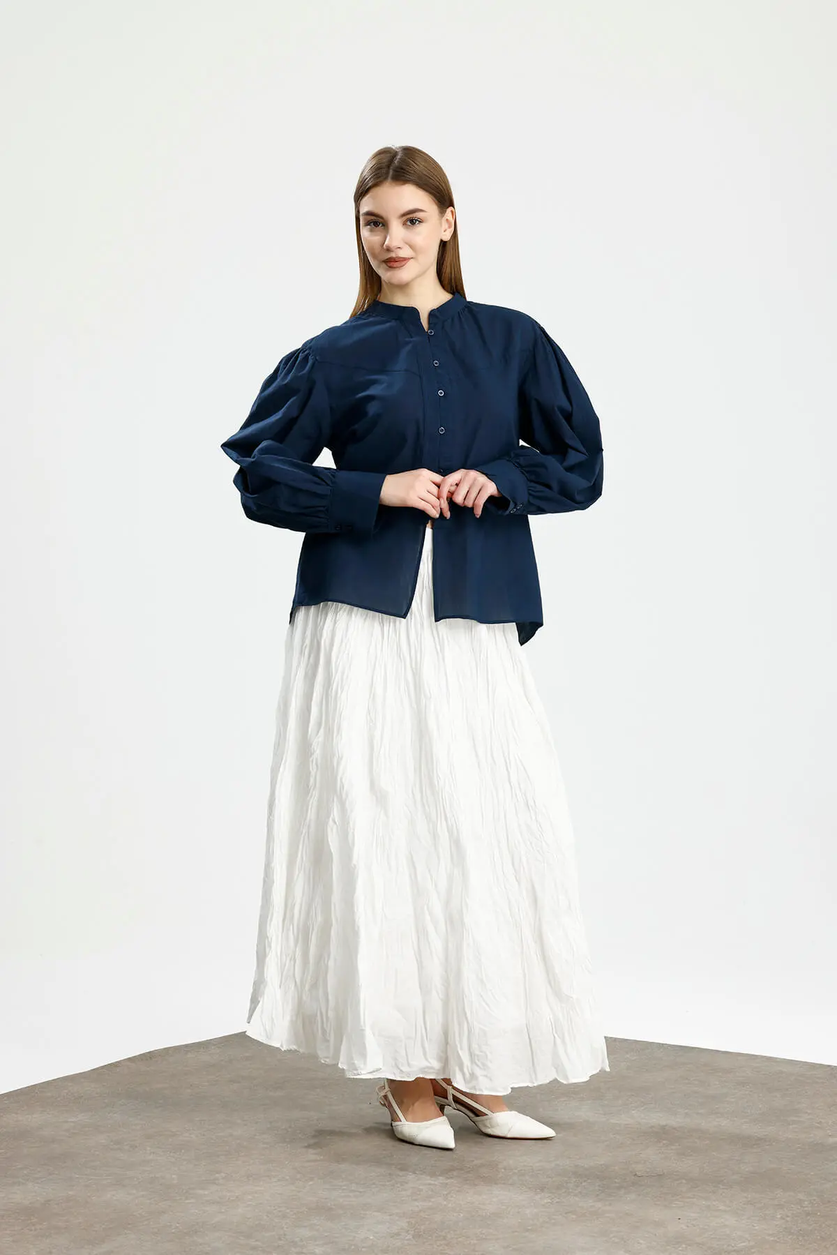 BÜZGÜ DETAYLI PAMUKLU GÖMLEK LACİVERT - 3