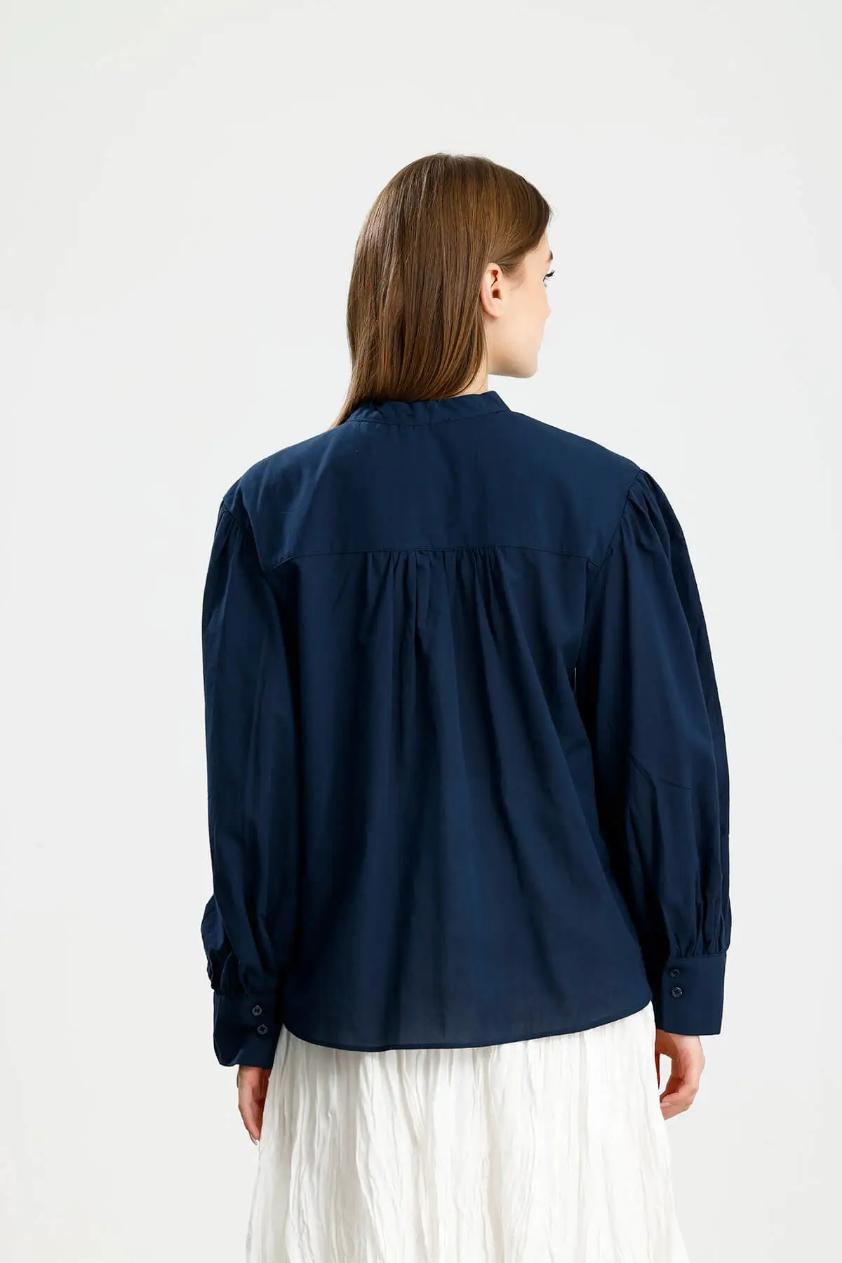 BÜZGÜ DETAYLI PAMUKLU GÖMLEK LACİVERT - 4