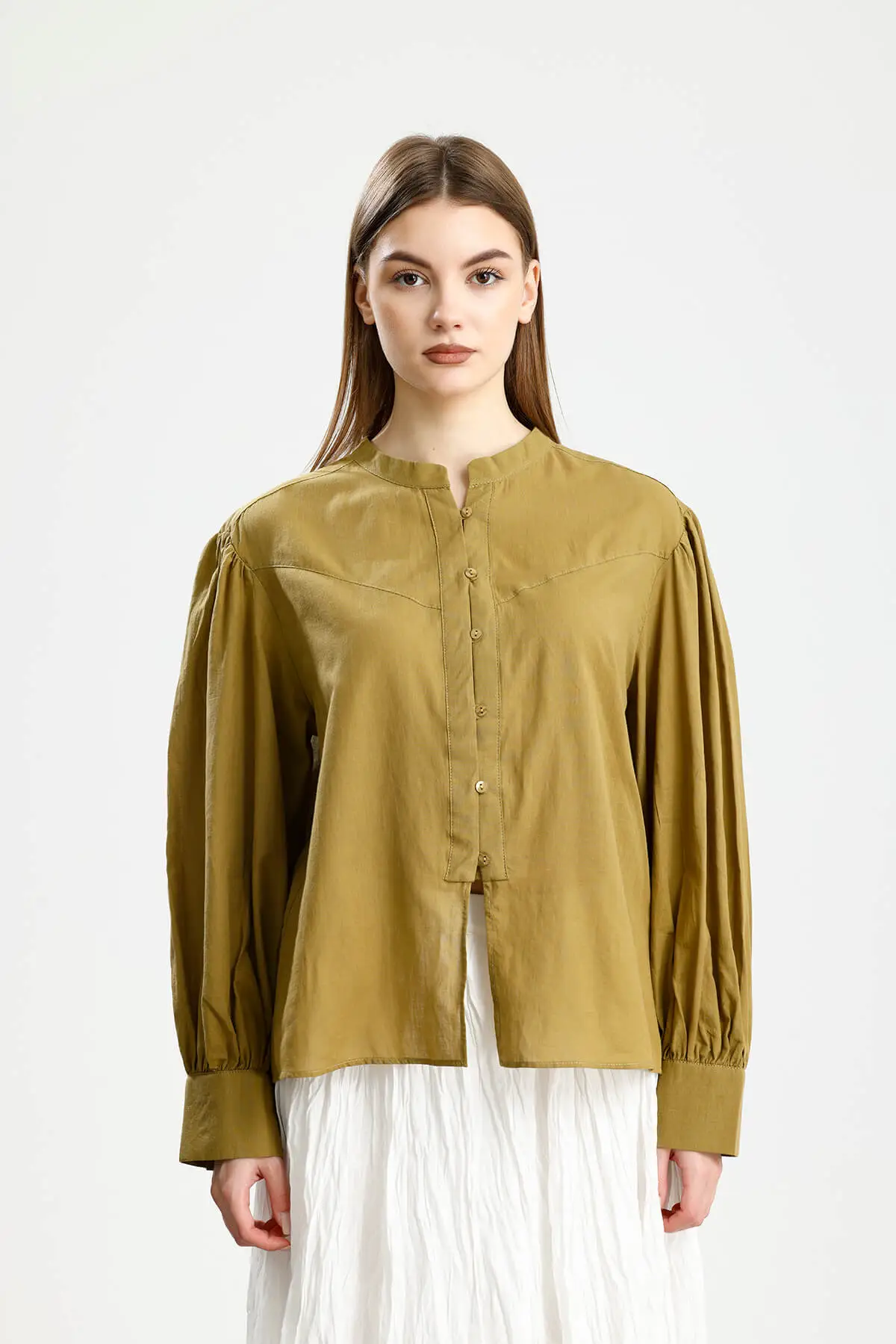 BÜZGÜ DETAYLI PAMUKLU GÖMLEK YAĞ YEŞİLİ - 1