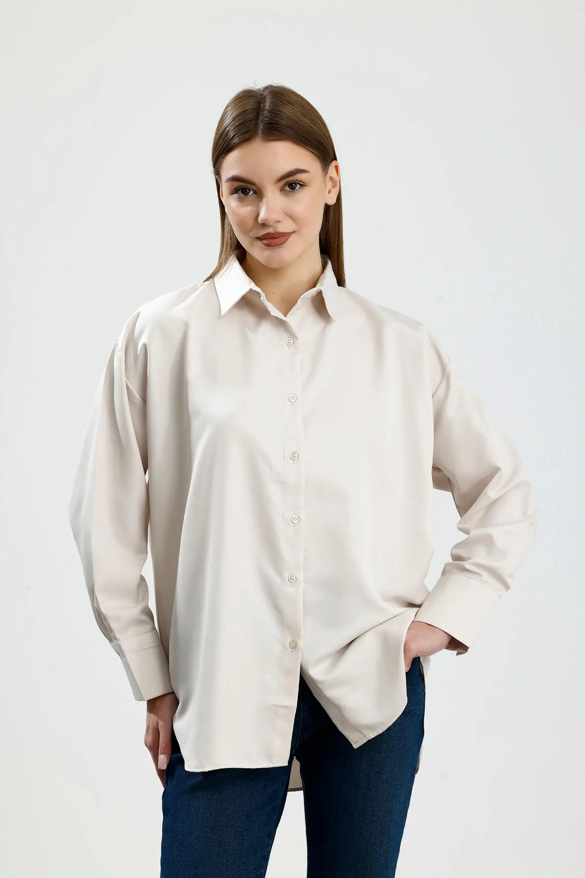 OVERSIZE SATEN GÖMLEK BEJ - 1