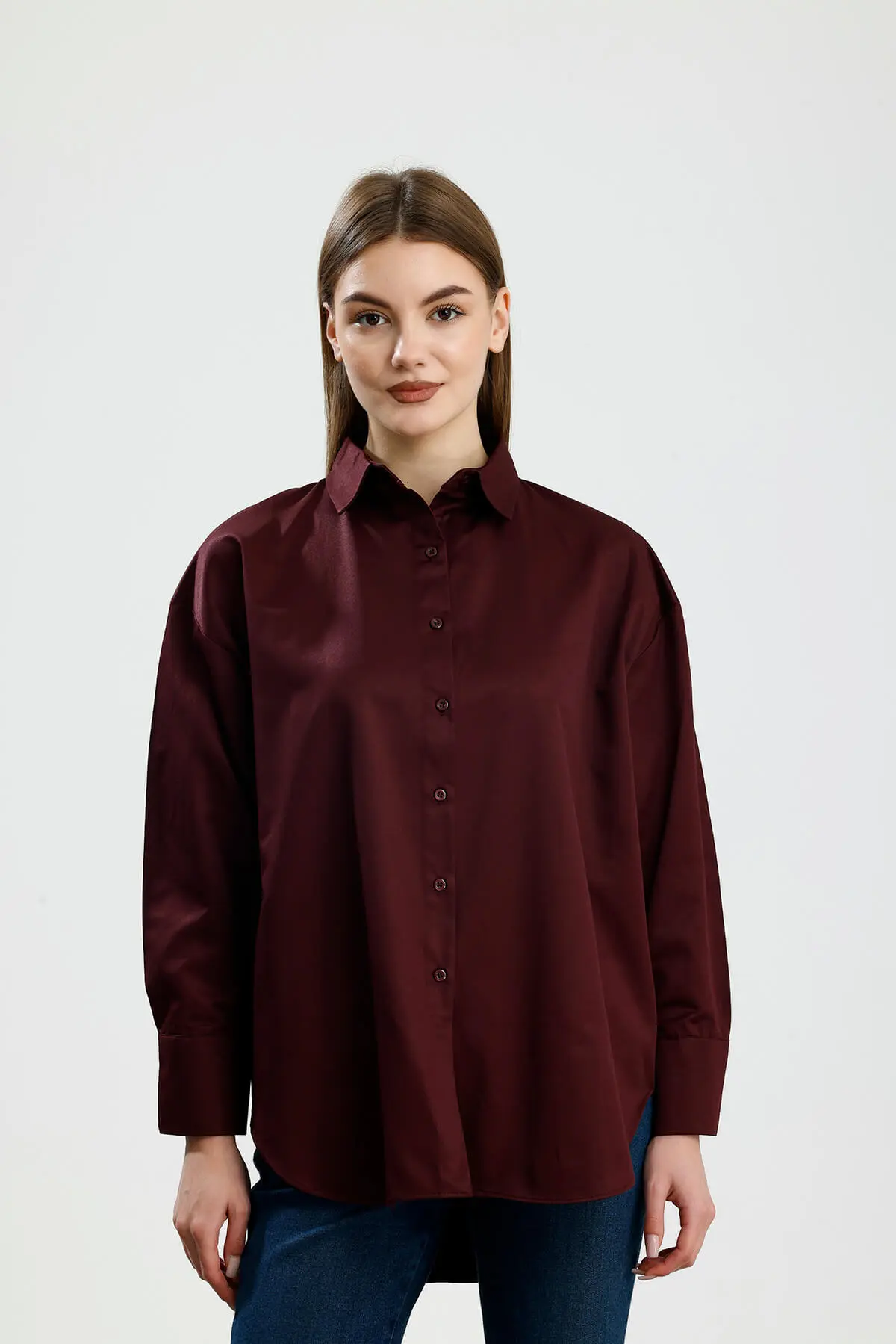 OVERSIZE SATEN GÖMLEK BORDO - 1