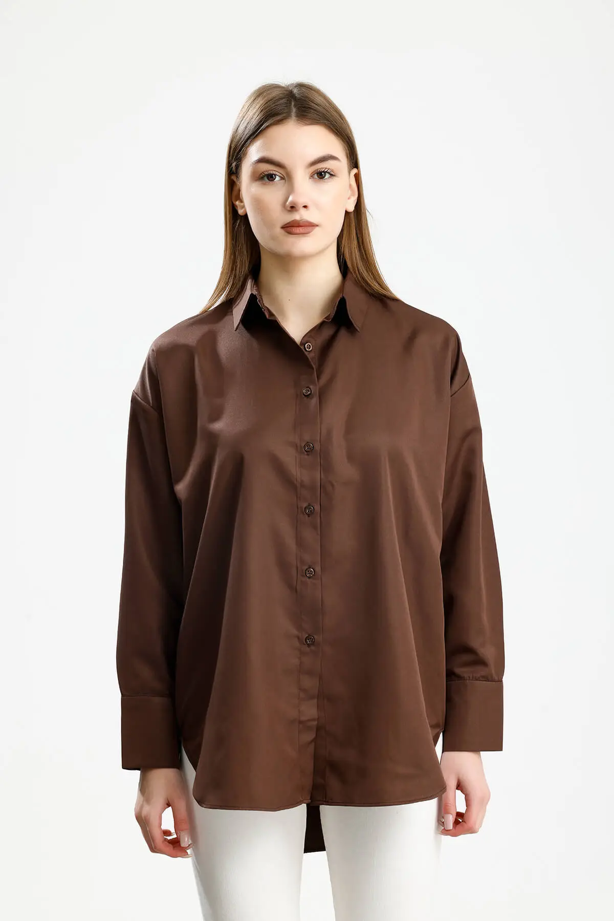 OVERSIZE SATEN GÖMLEK KAHVE - 1