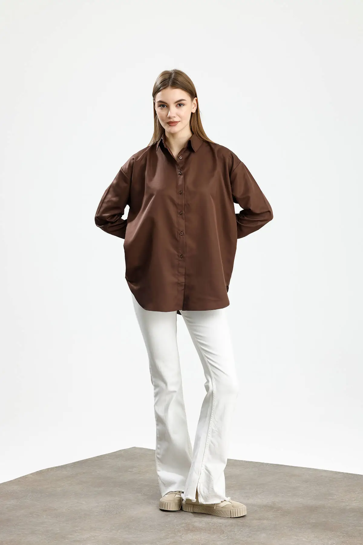 OVERSIZE SATEN GÖMLEK KAHVE - 2