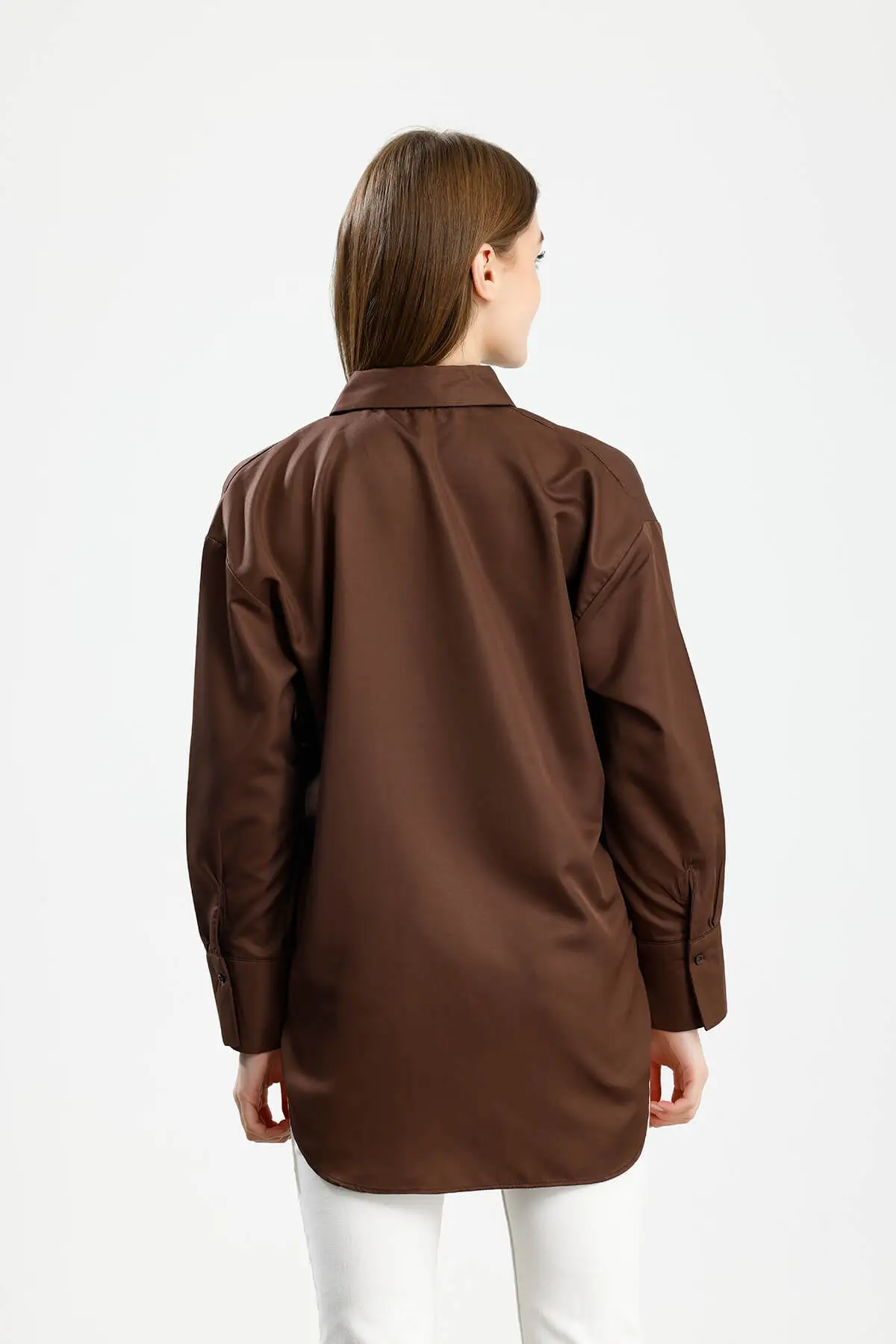 OVERSIZE SATEN GÖMLEK KAHVE - 3