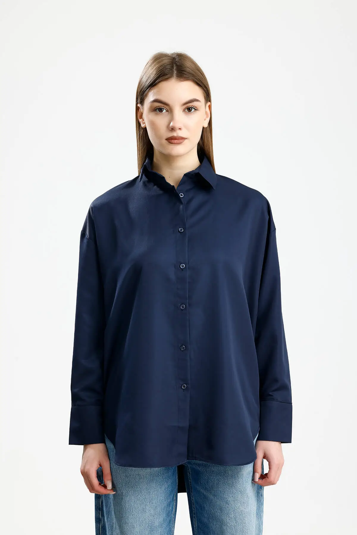 OVERSIZE SATEN GÖMLEK LACİVERT