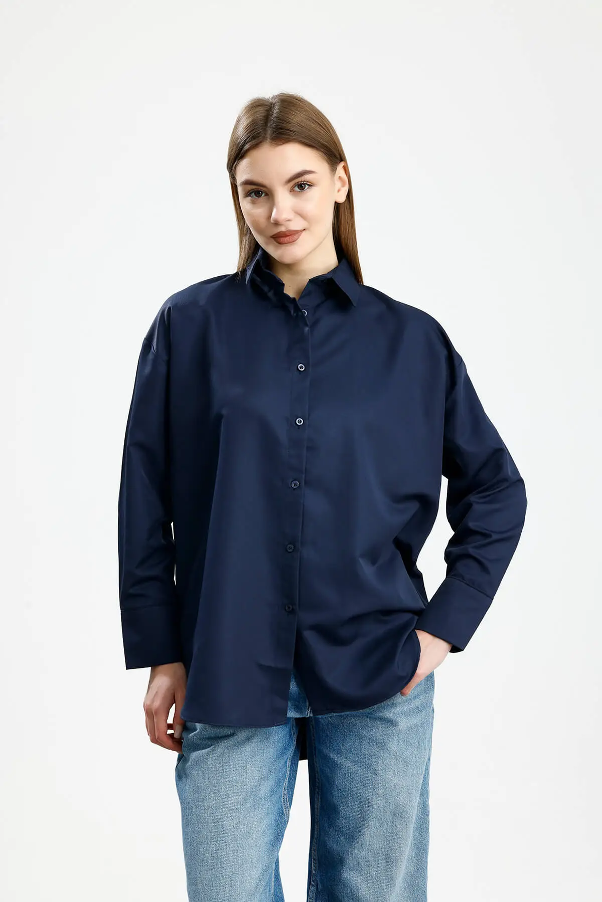 OVERSIZE SATEN GÖMLEK LACİVERT - 2