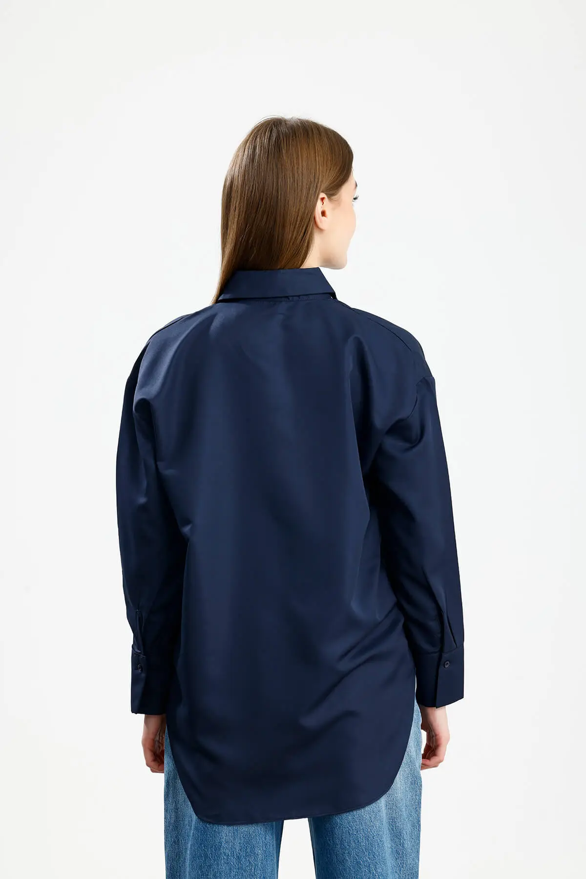 OVERSIZE SATEN GÖMLEK LACİVERT - 3