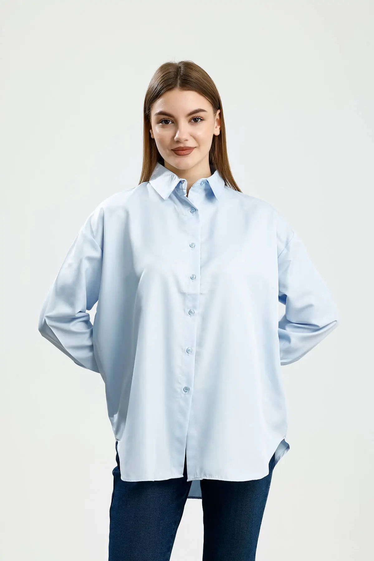 OVERSIZE SATEN GÖMLEK MAVİ - 1