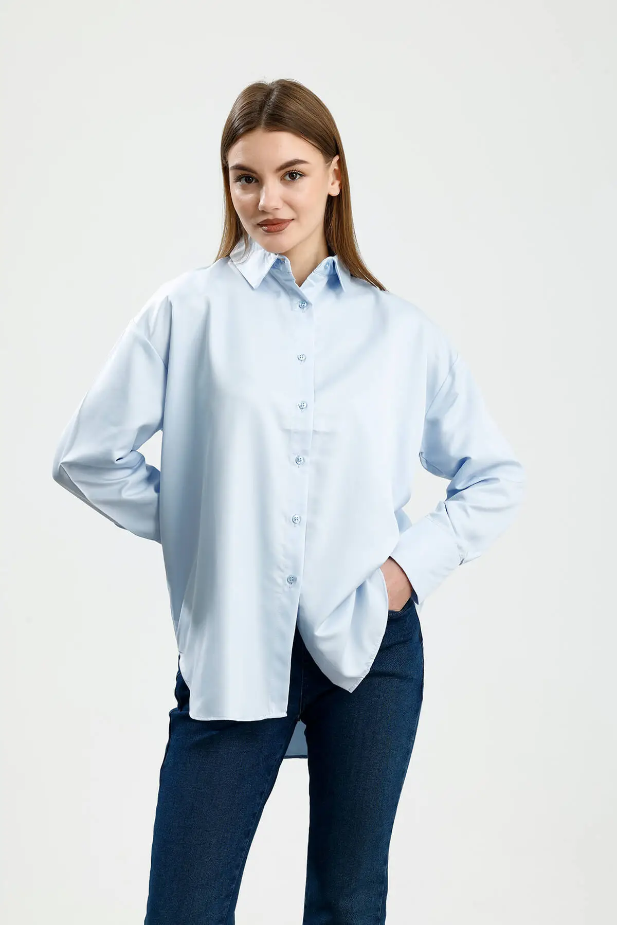 OVERSIZE SATEN GÖMLEK MAVİ - 2