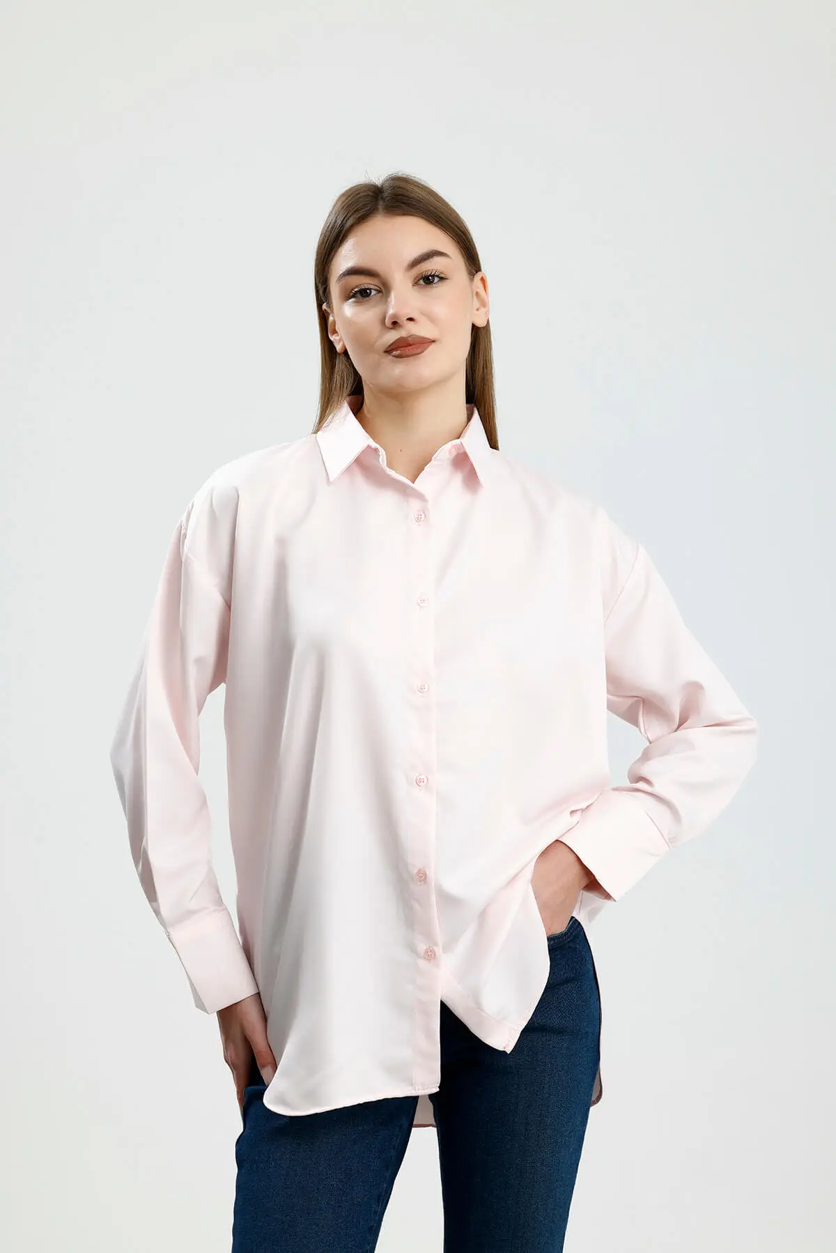 OVERSIZE SATEN GÖMLEK PEMBE - 1