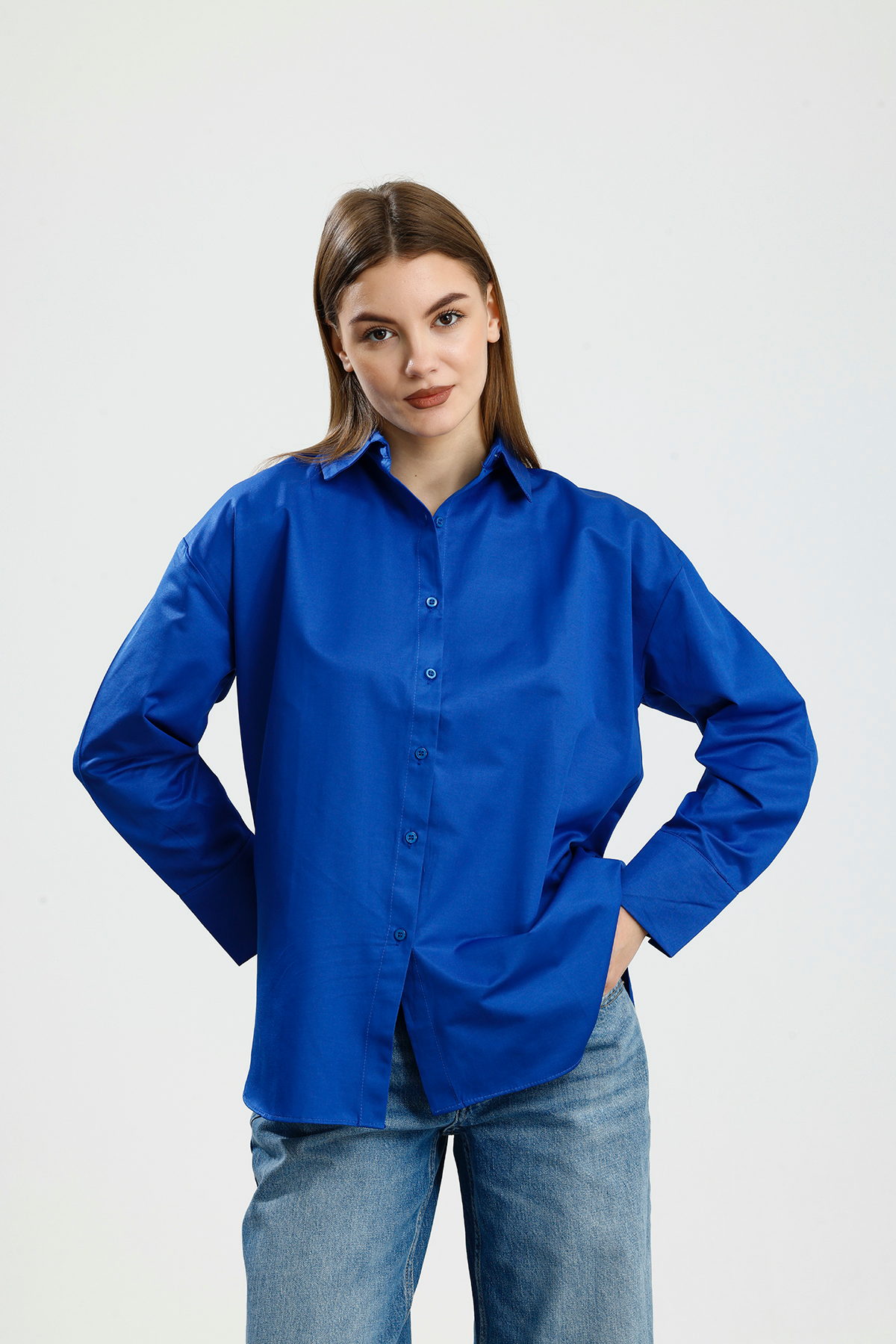 OVERSIZE SATEN GÖMLEK SAKS - 2