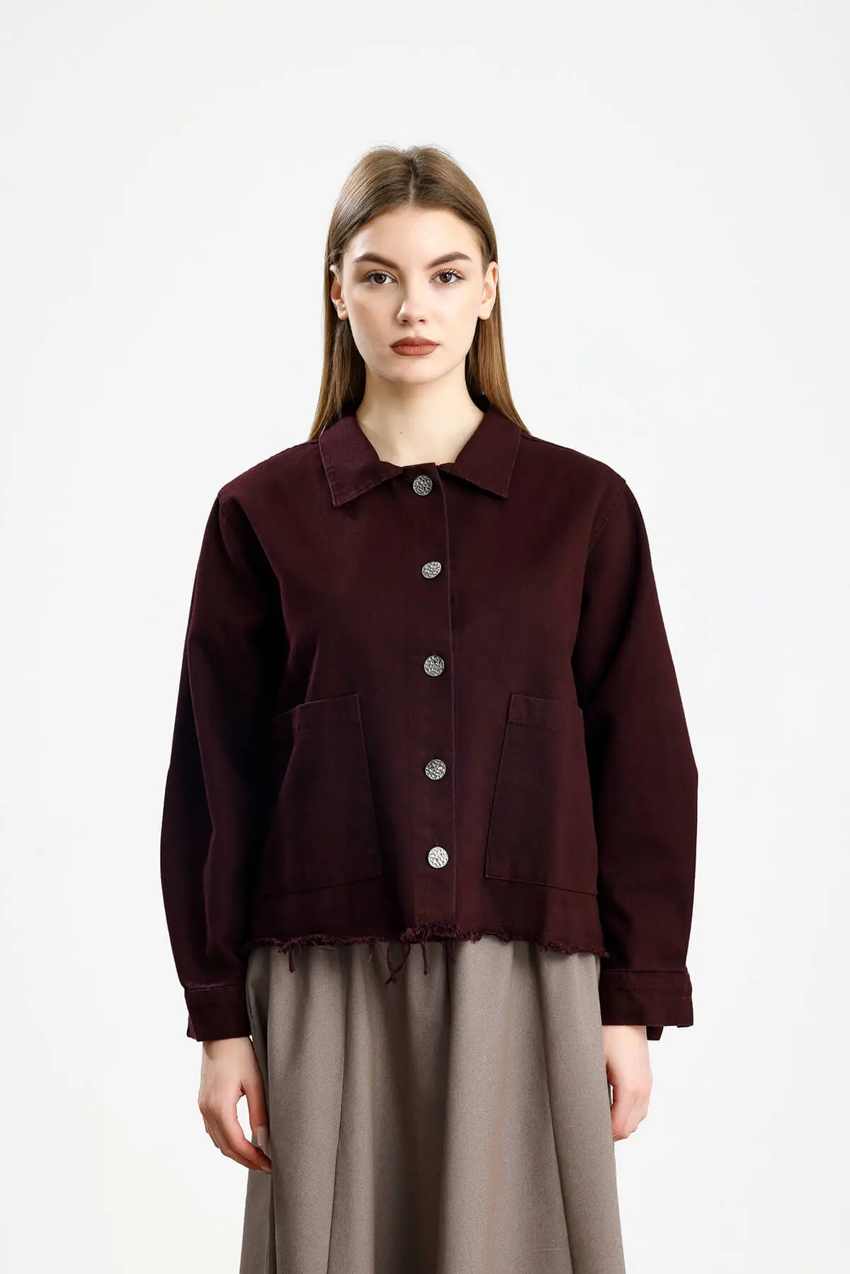 PAMUKLU GABARDİN CEPLİ FIT CEKET BORDO 