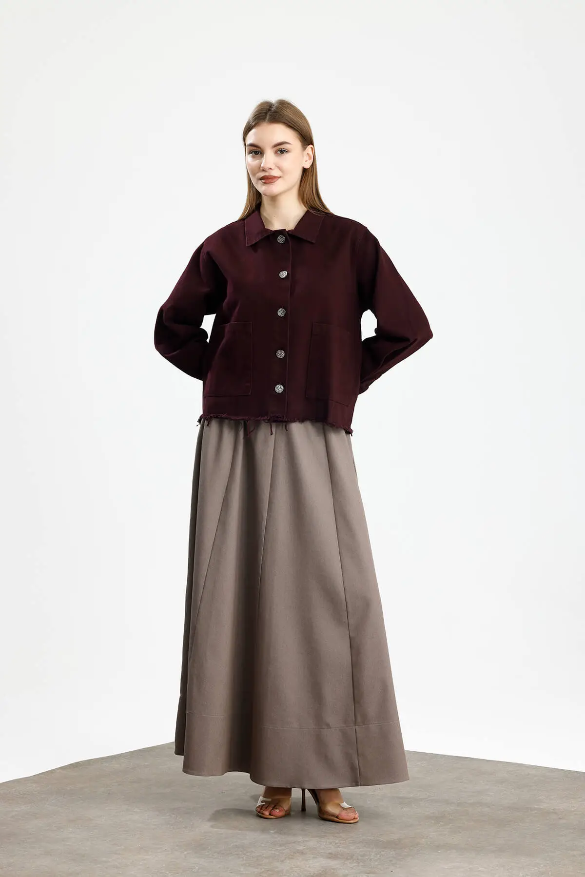 PAMUKLU GABARDİN CEPLİ FIT CEKET BORDO - 2