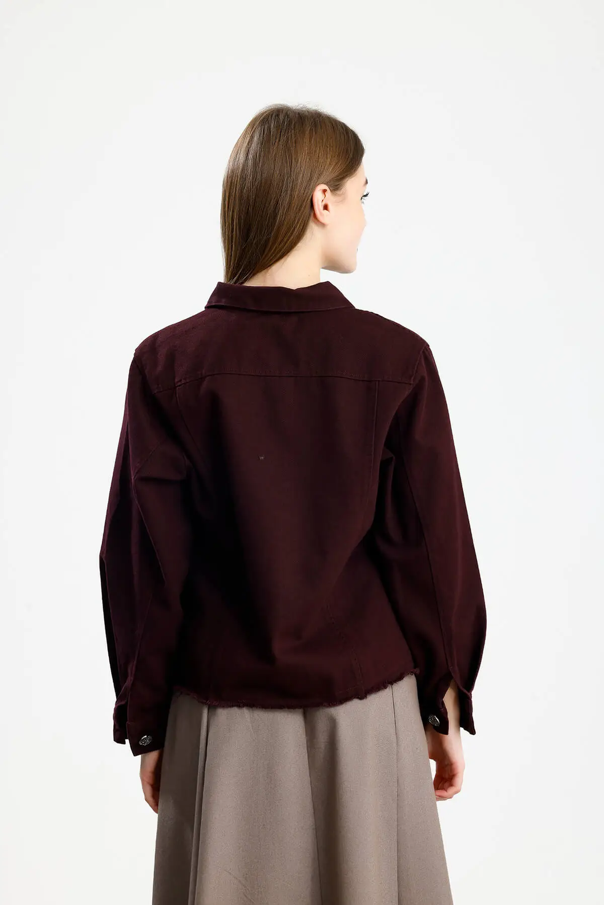 PAMUKLU GABARDİN CEPLİ FIT CEKET BORDO - 3