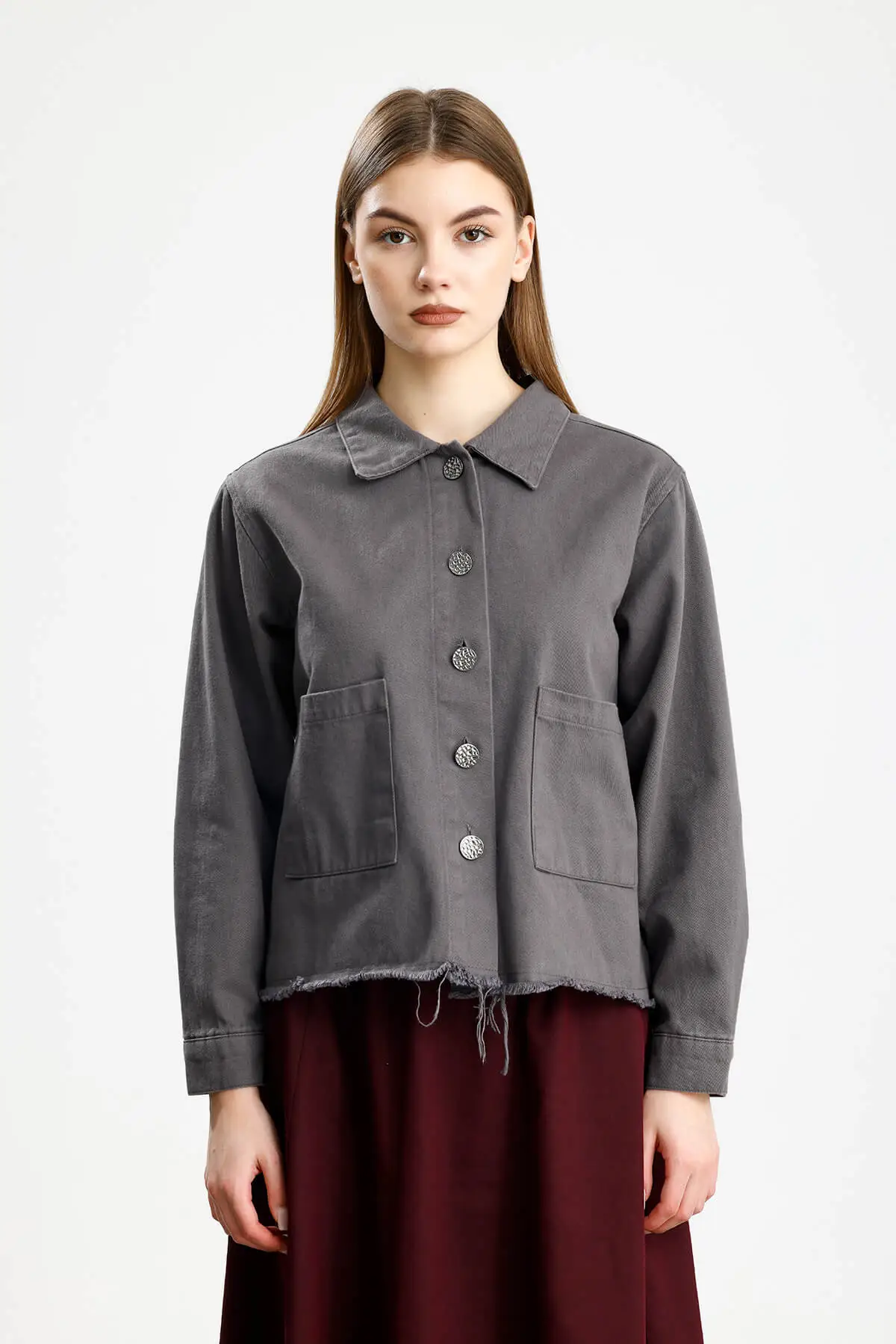 PAMUKLU GABARDİN CEPLİ FIT CEKET GRİ 