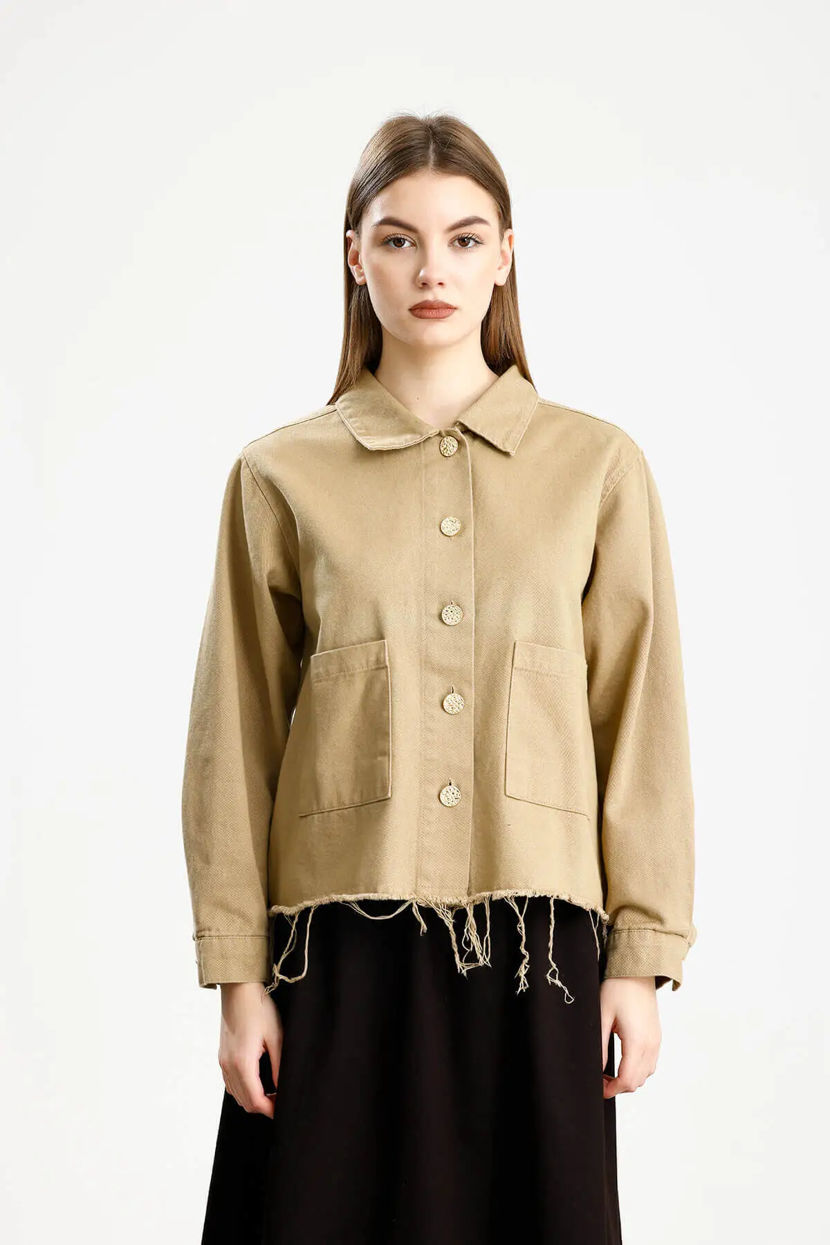 PAMUKLU GABARDİN CEPLİ FIT CEKET HARDAL 