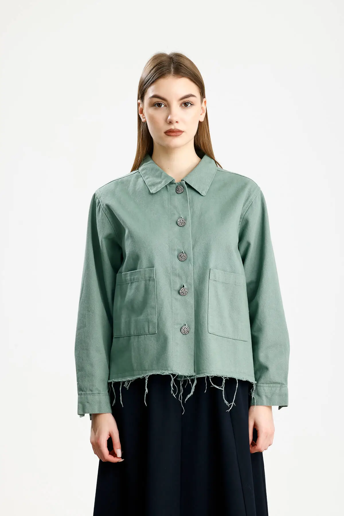 PAMUKLU GABARDİN CEPLİ FIT CEKET MİNT - 1