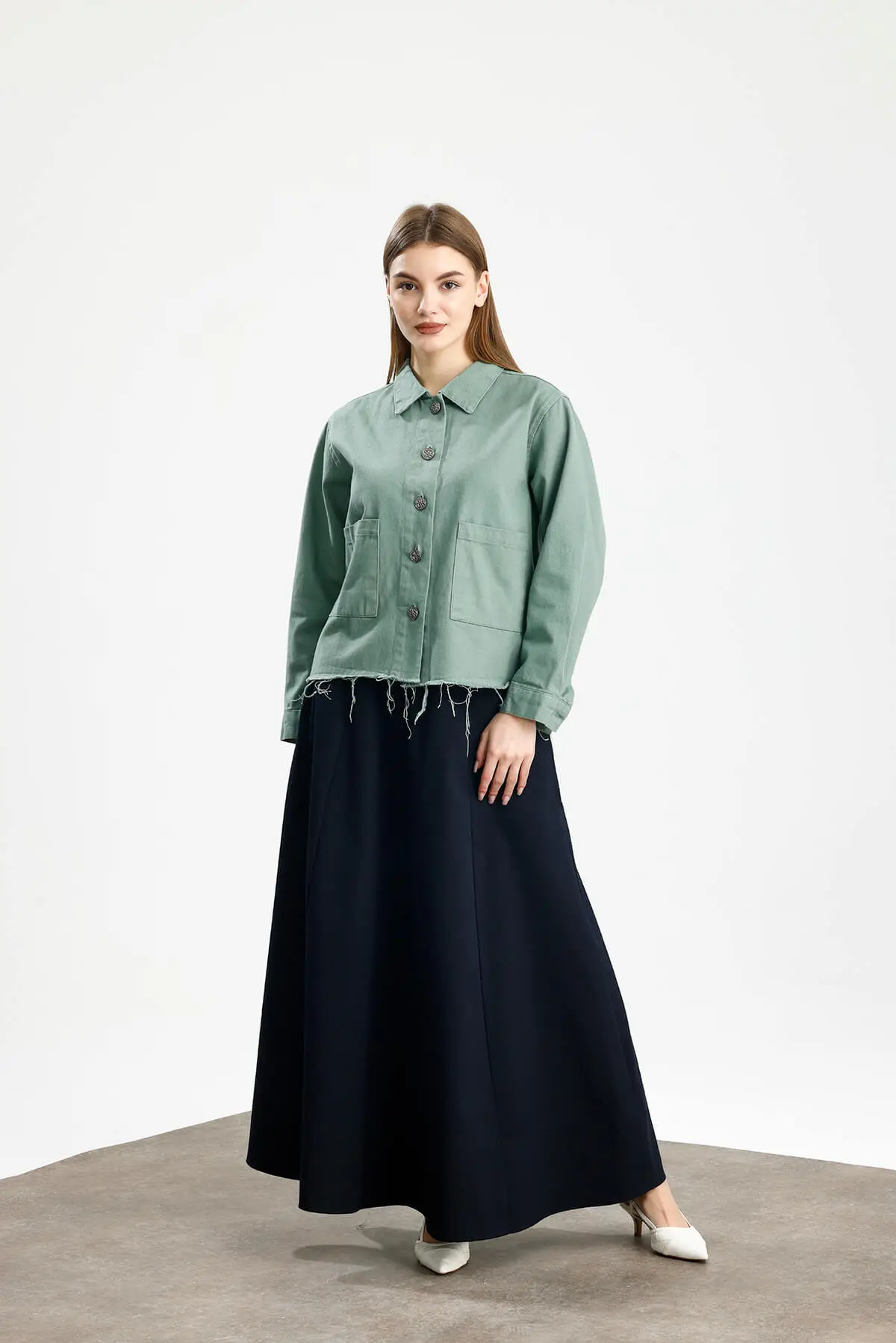 PAMUKLU GABARDİN CEPLİ FIT CEKET MİNT - 2