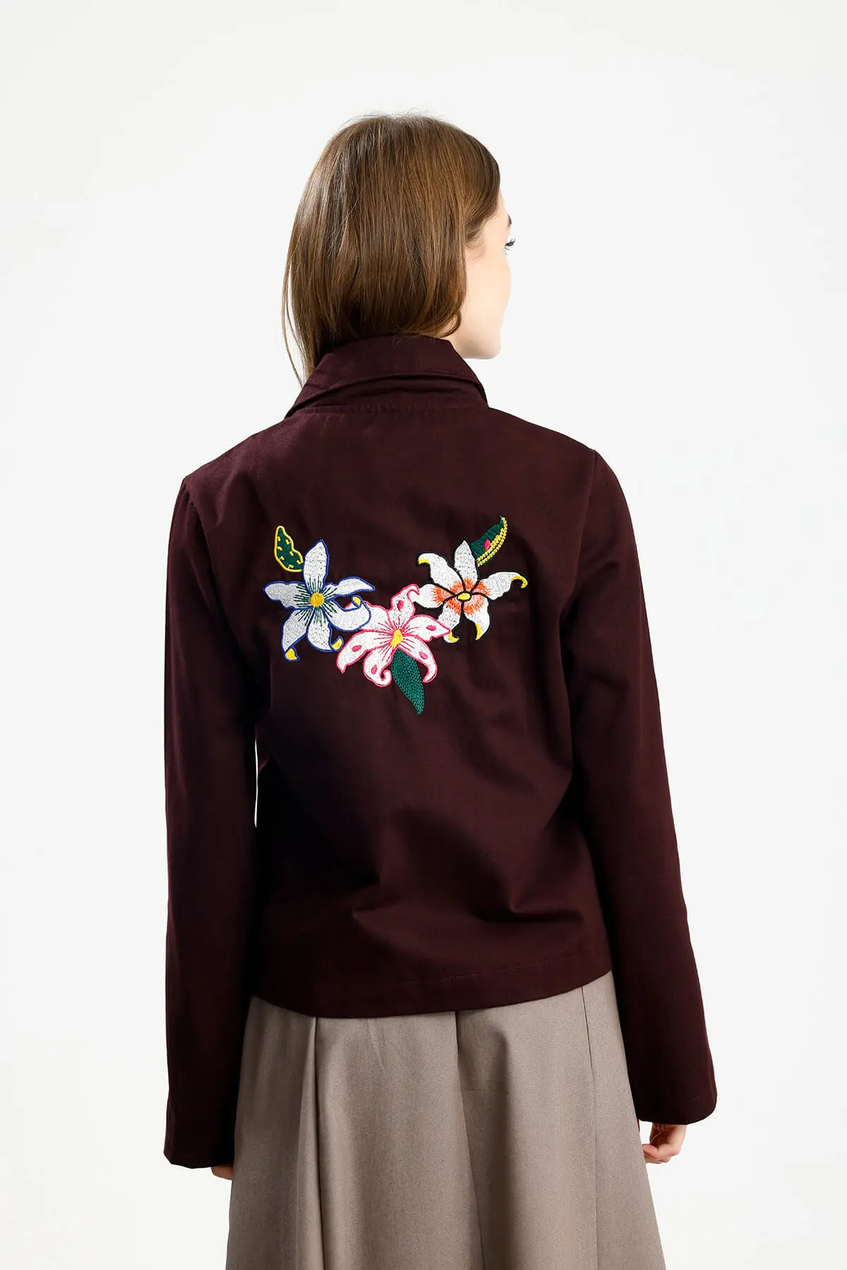 PAMUKLU GABARDİN NAKIŞLI FIT CEKET BORDO