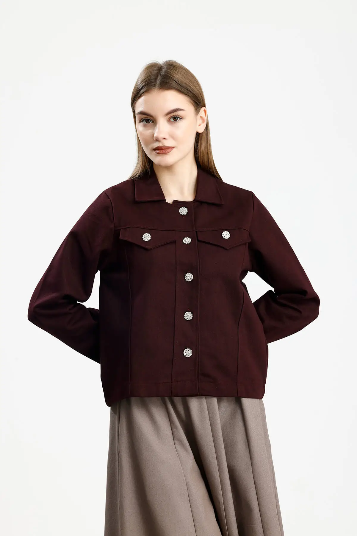 PAMUKLU GABARDİN NAKIŞLI FIT CEKET BORDO - 2