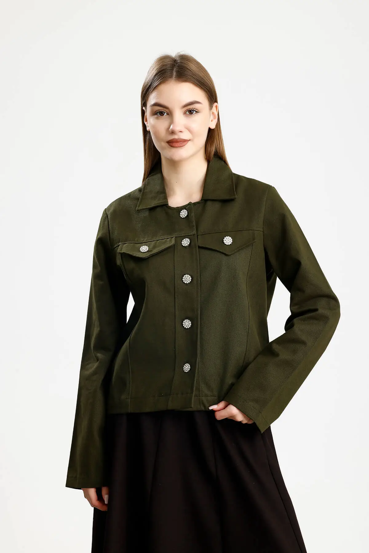 PAMUKLU GABARDİN NAKIŞLI FIT CEKET HAKİ - 2