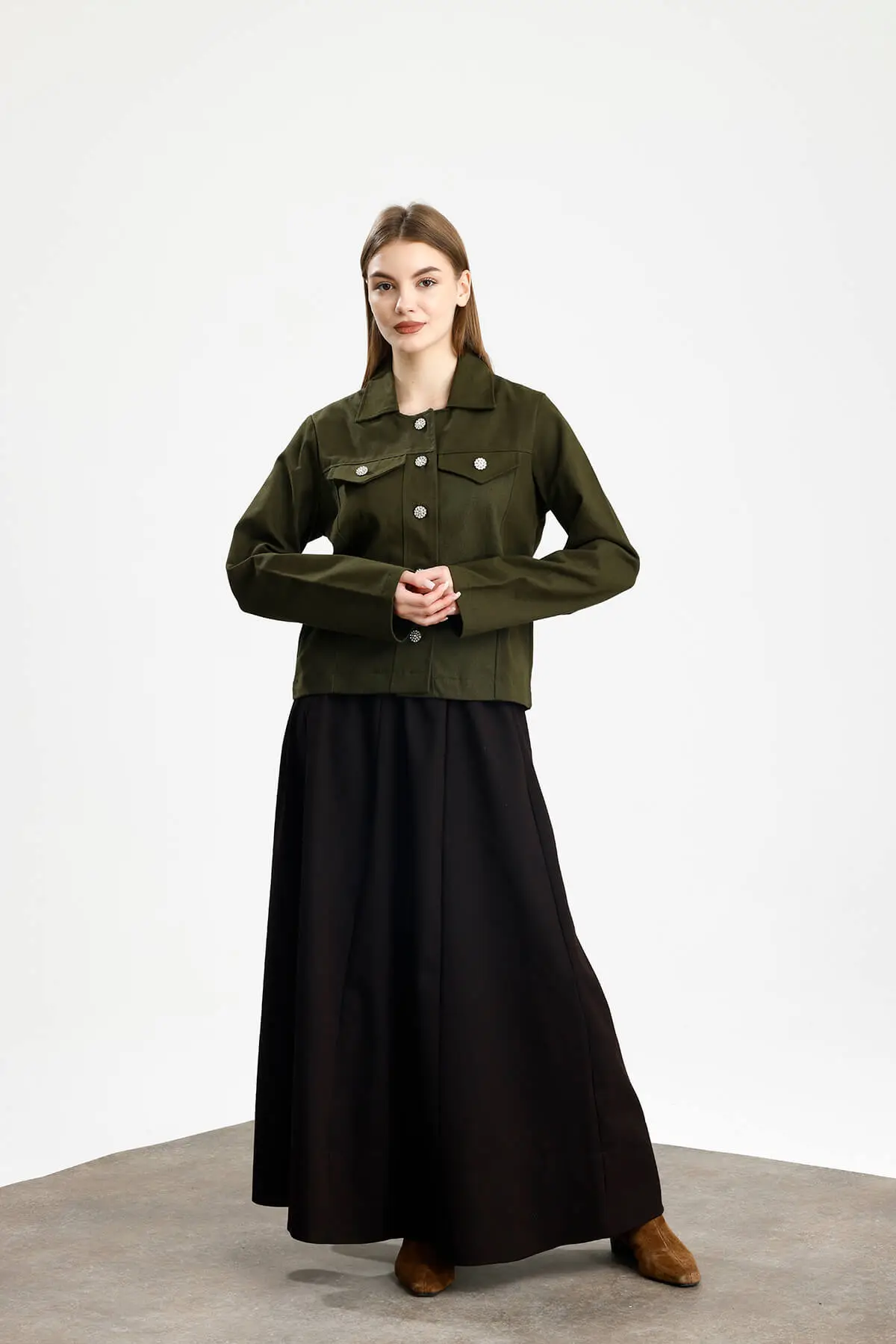 PAMUKLU GABARDİN NAKIŞLI FIT CEKET HAKİ - 3