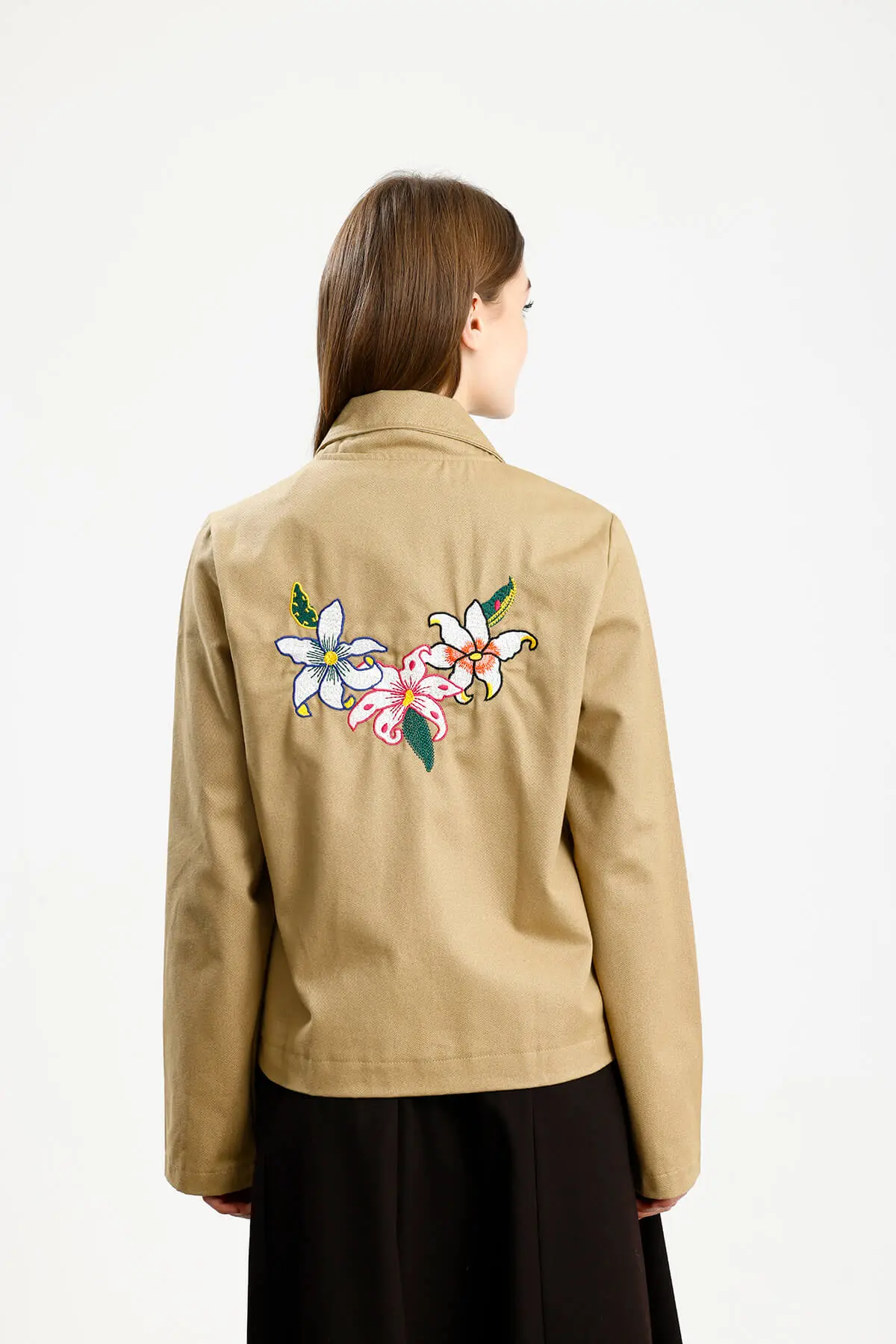 PAMUKLU GABARDİN NAKIŞLI FIT CEKET HARDAL