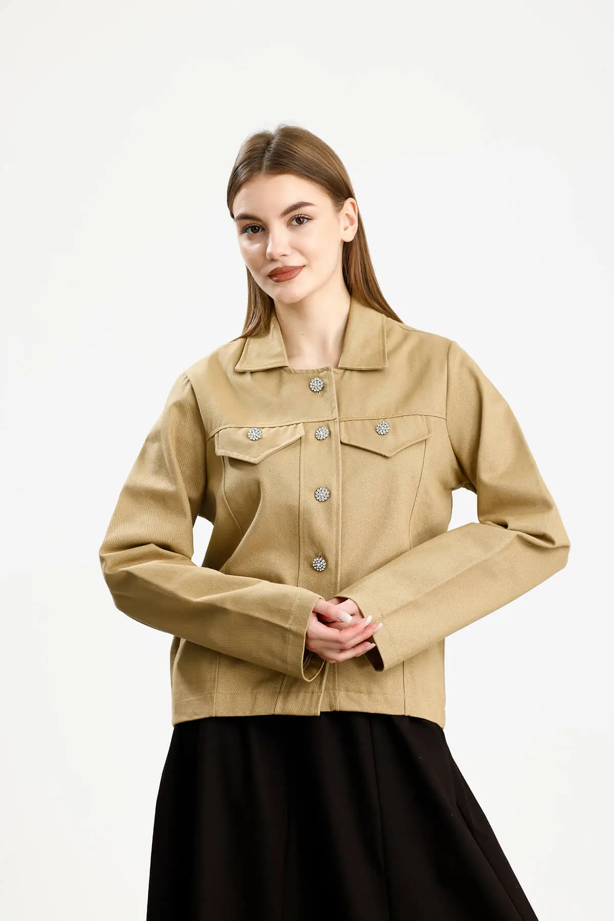 PAMUKLU GABARDİN NAKIŞLI FIT CEKET HARDAL - 2