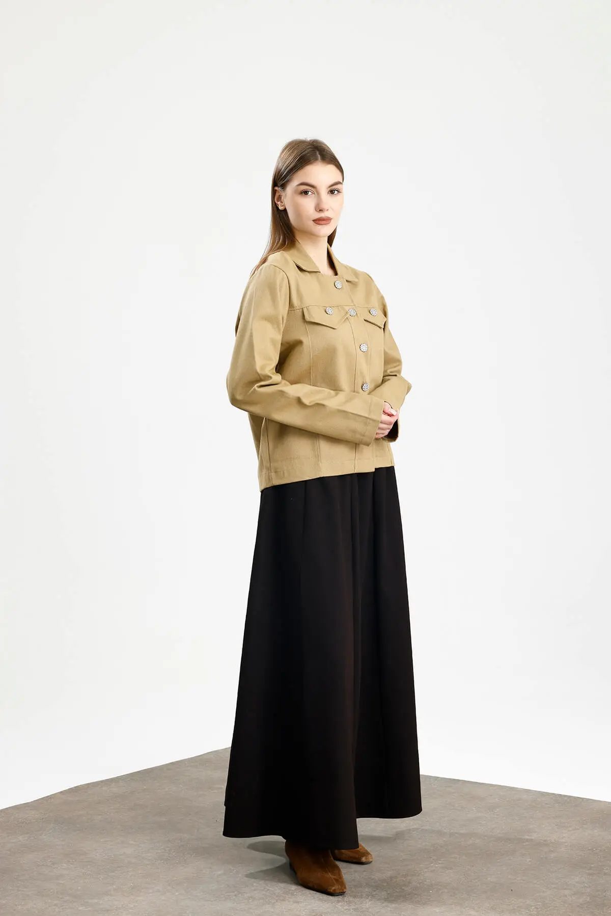 PAMUKLU GABARDİN NAKIŞLI FIT CEKET HARDAL - 3