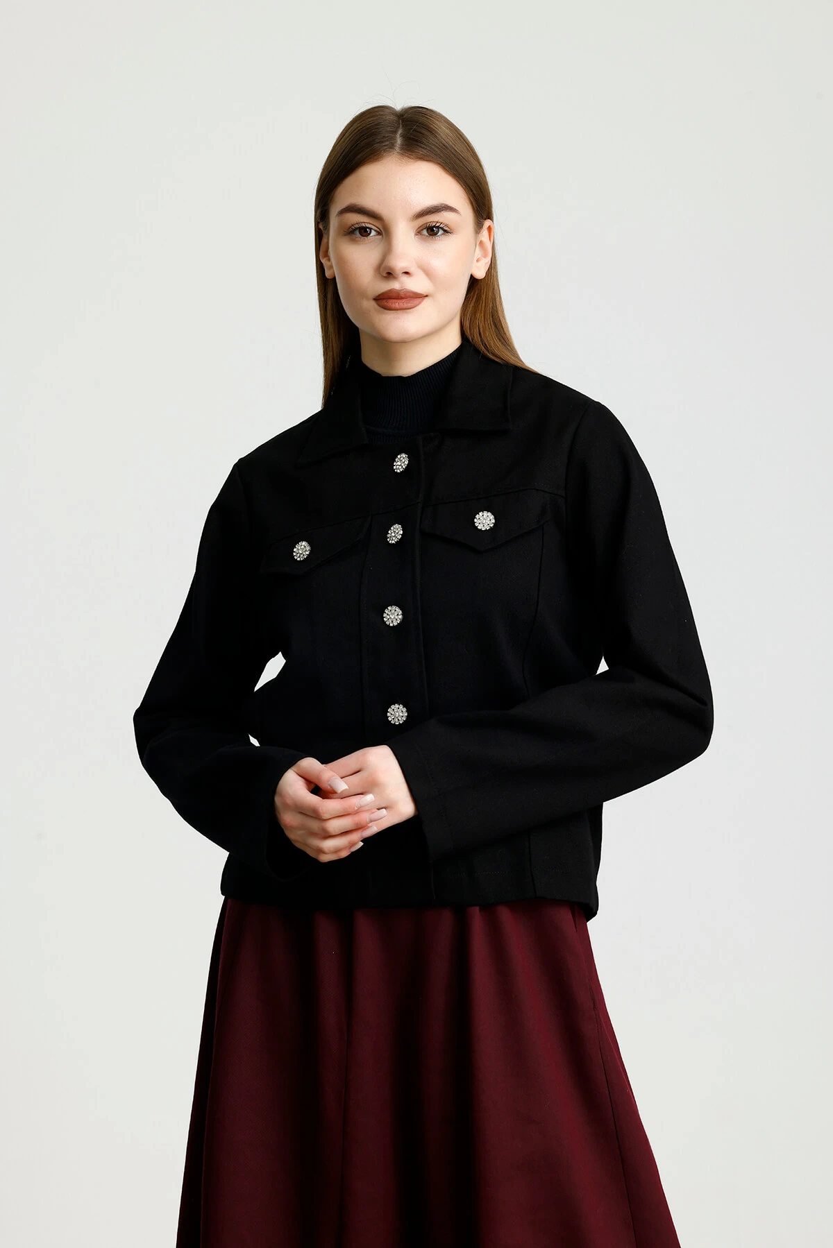 PAMUKLU GABARDİN NAKIŞLI FIT CEKET SİYAH - 2