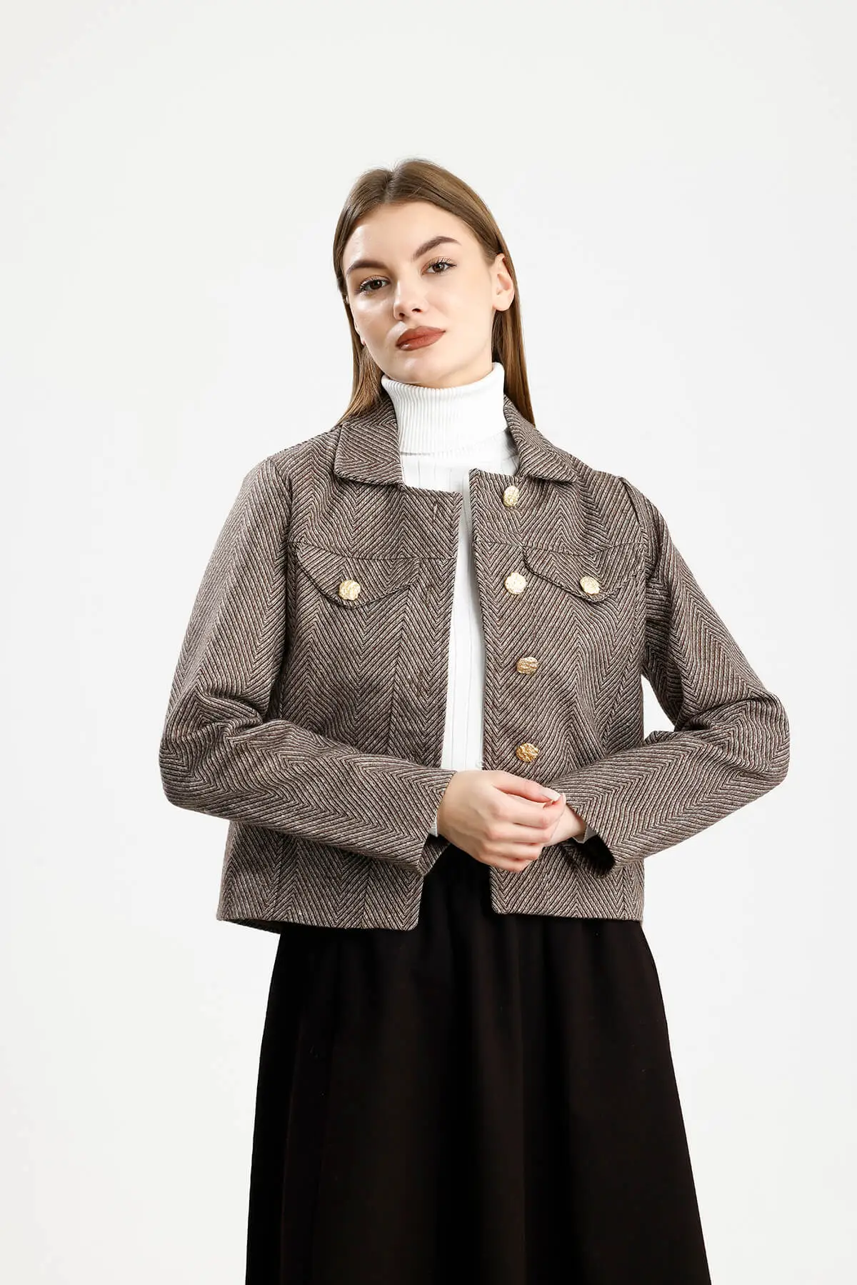 PAMUKLU KAŞE BALIKSIRTI FIT CEKET KAHVE - 1