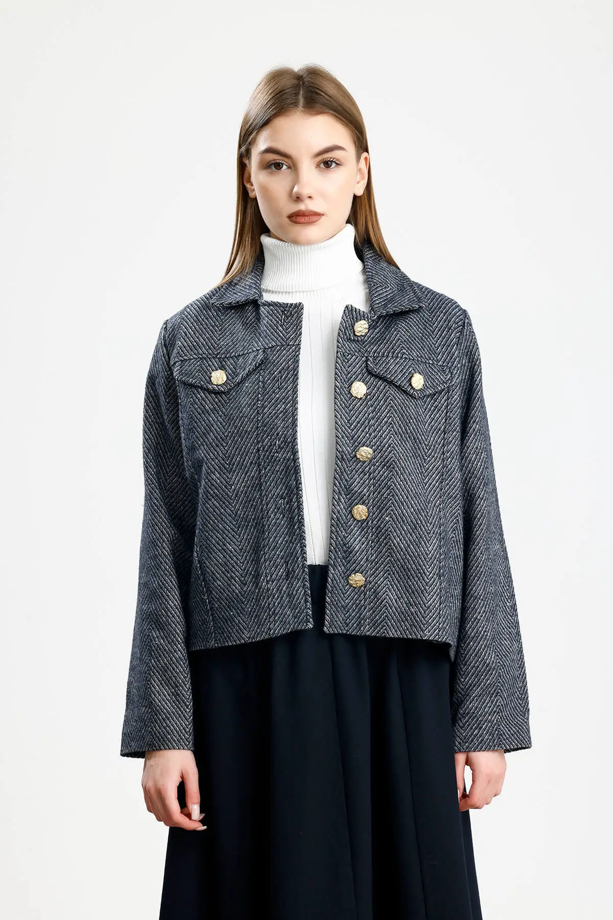 PAMUKLU KAŞE BALIKSIRTI FIT CEKET LACİVERT - 1