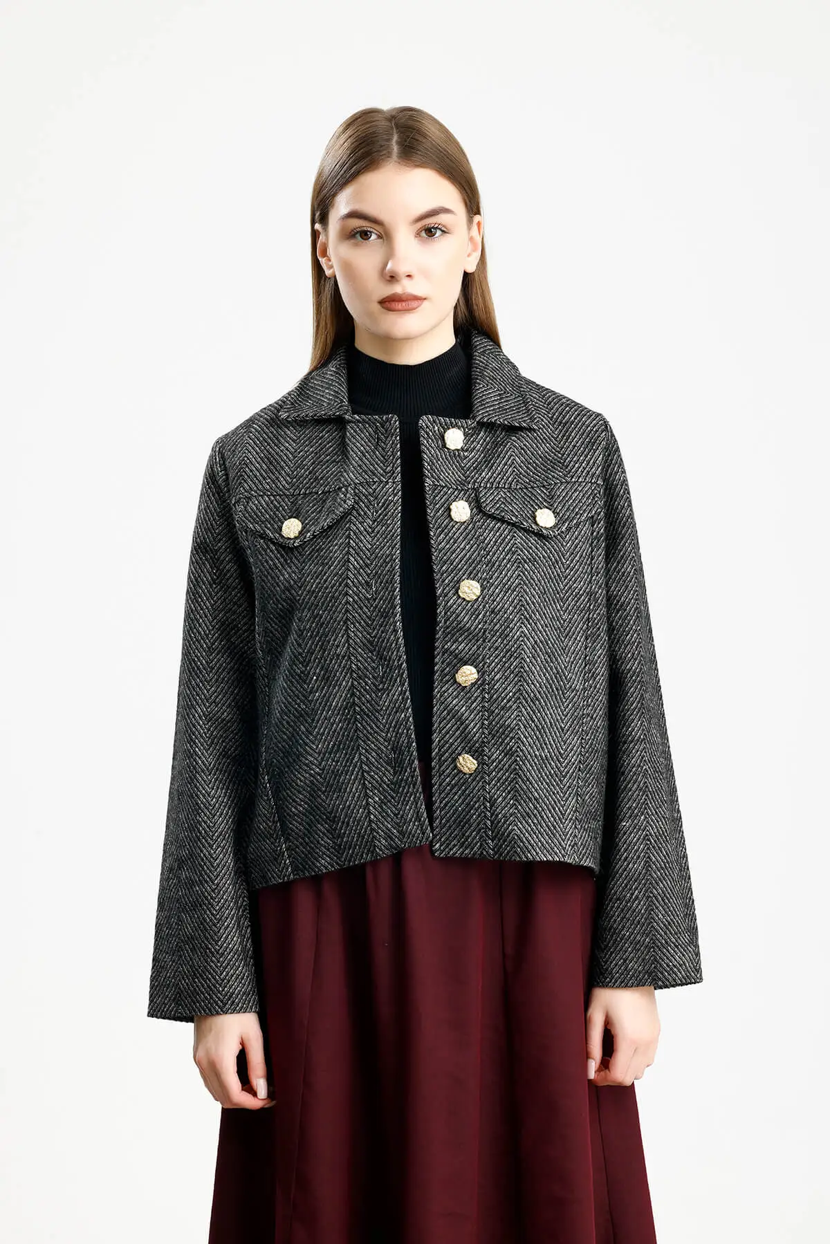 PAMUKLU KAŞE BALIKSIRTI FIT CEKET SİYAH