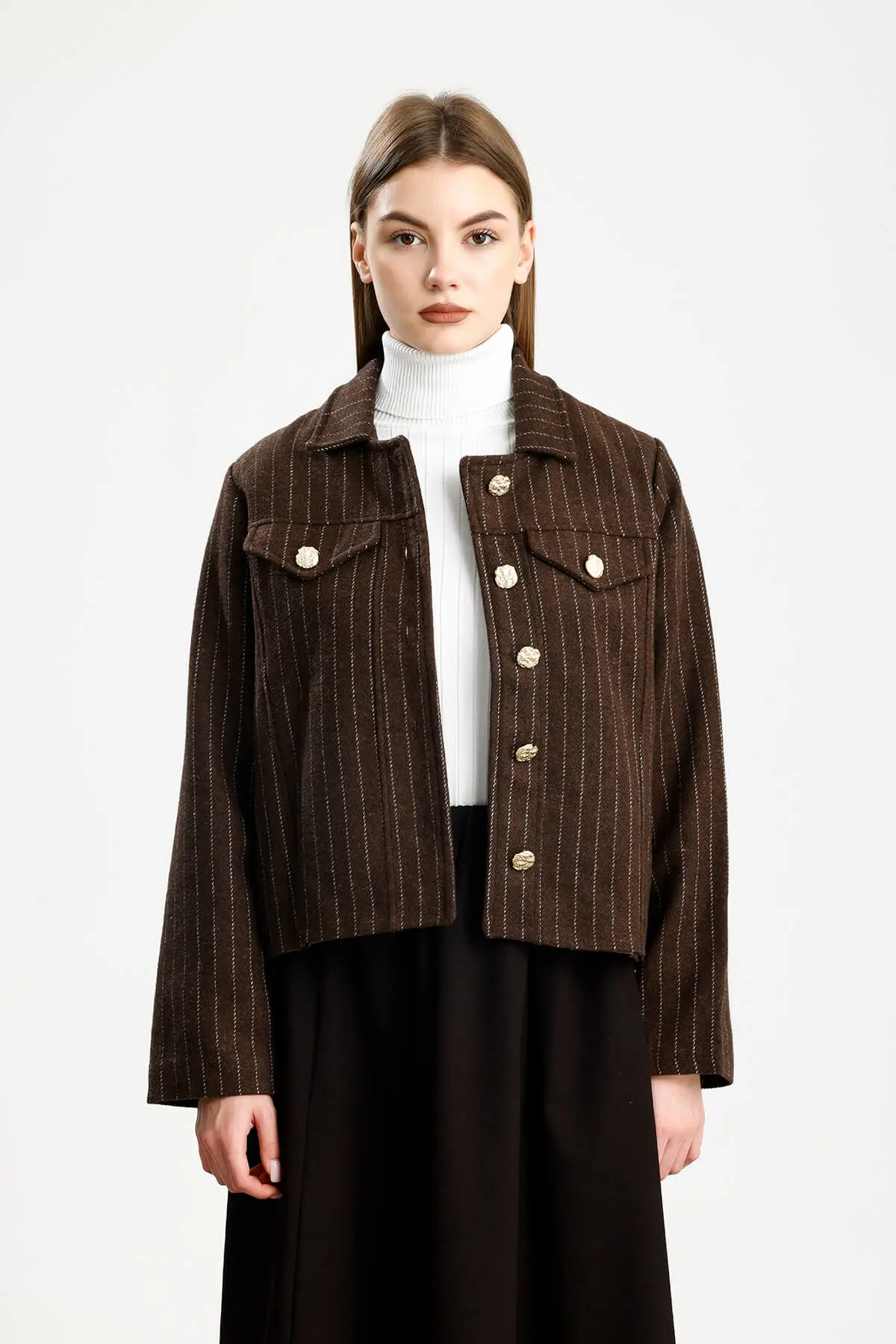 PAMUKLU KAŞE ÇİZGİLİ FIT CEKET KAHVE