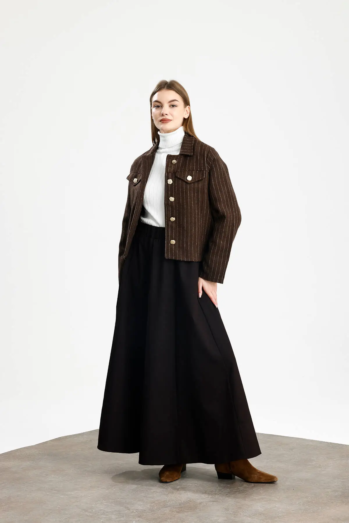 PAMUKLU KAŞE ÇİZGİLİ FIT CEKET KAHVE - 2