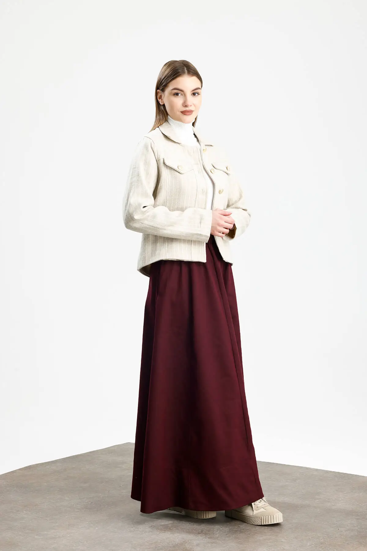 PAMUKLU KAŞE ÇİZGİLİ FIT CEKET KREM - 2