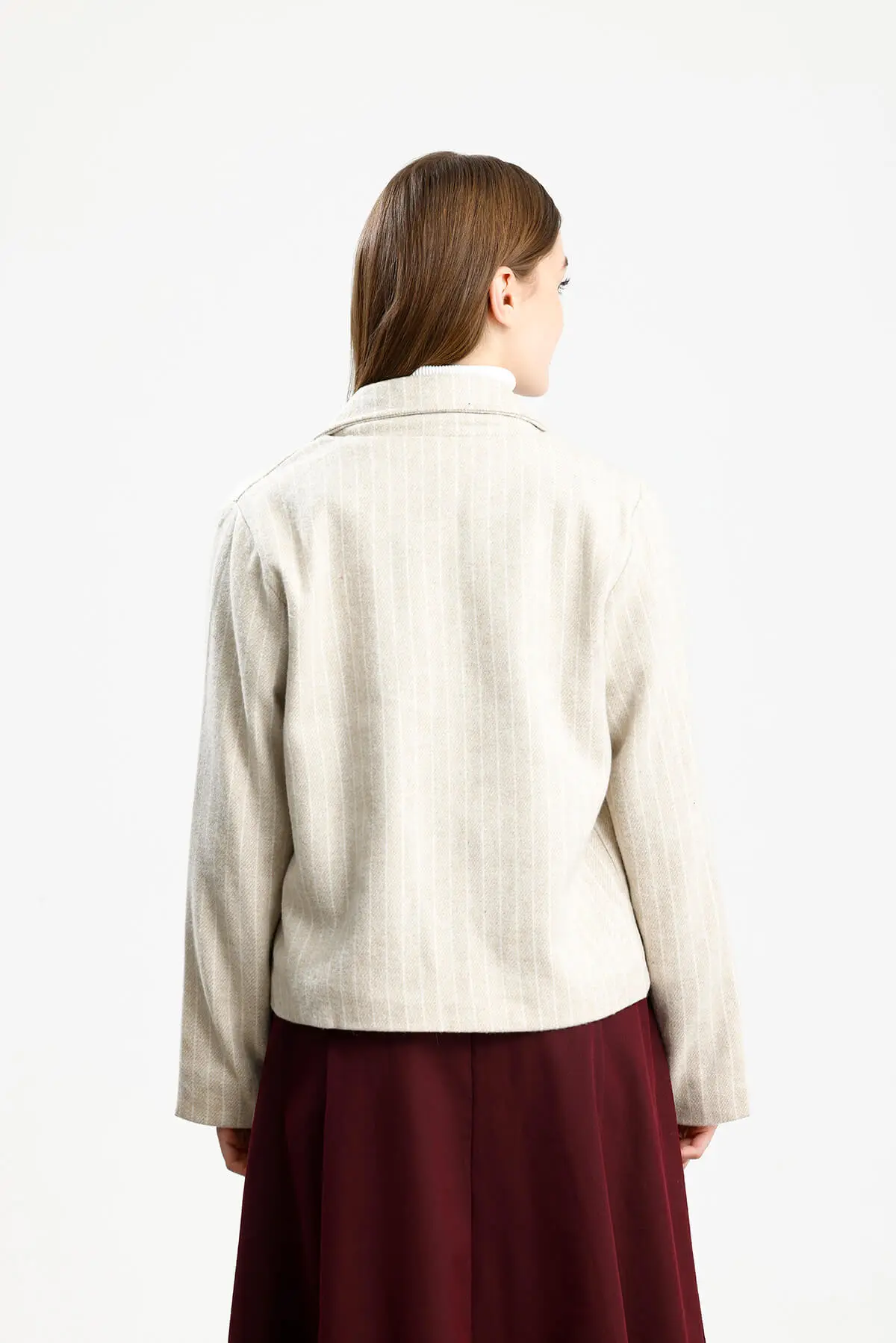 PAMUKLU KAŞE ÇİZGİLİ FIT CEKET KREM - 3