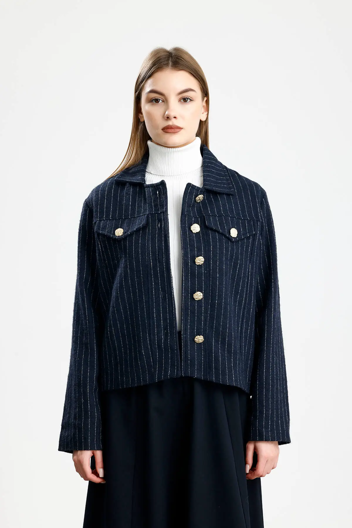 PAMUKLU KAŞE ÇİZGİLİ FIT CEKET LACİVERT - 1