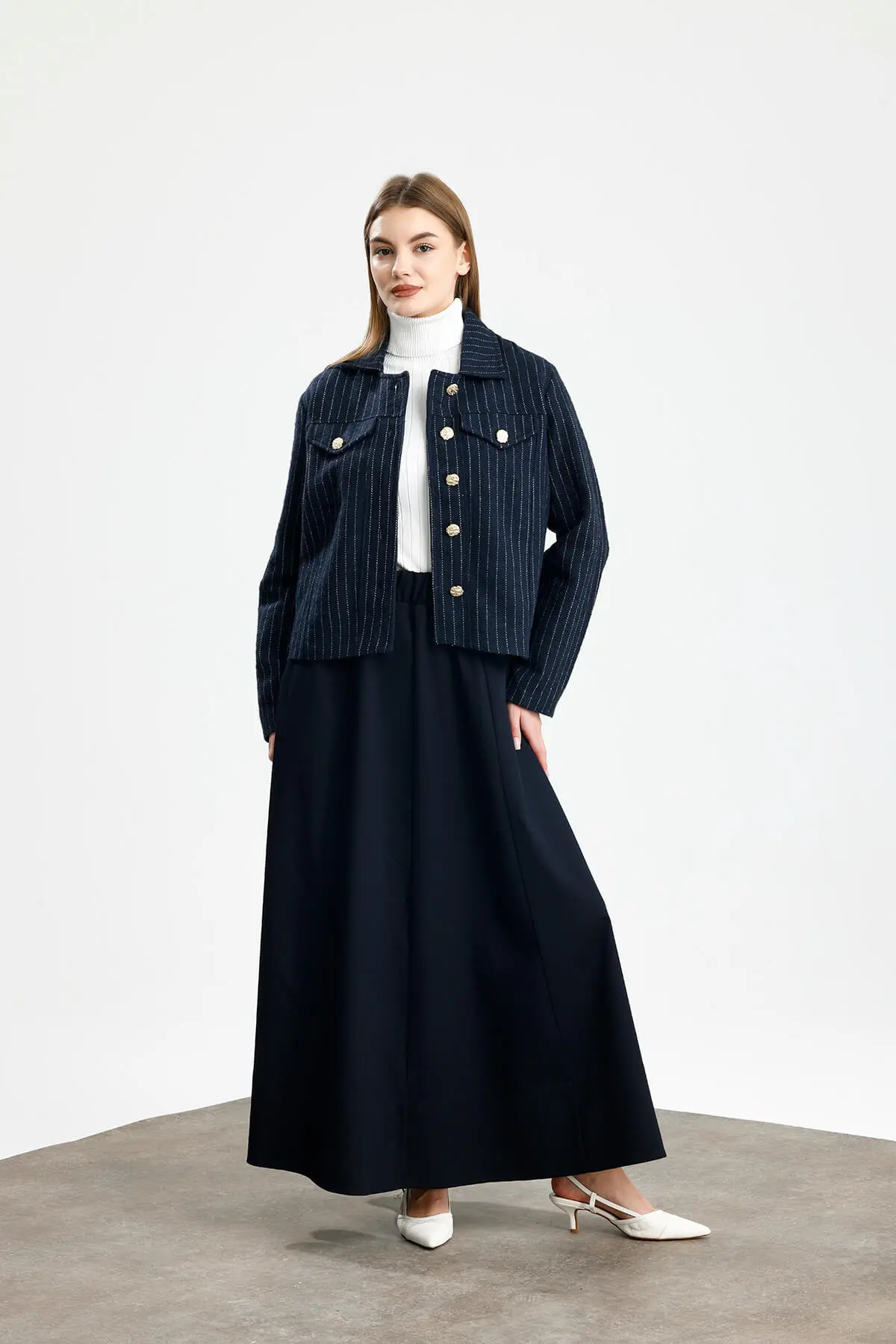 PAMUKLU KAŞE ÇİZGİLİ FIT CEKET LACİVERT - 2