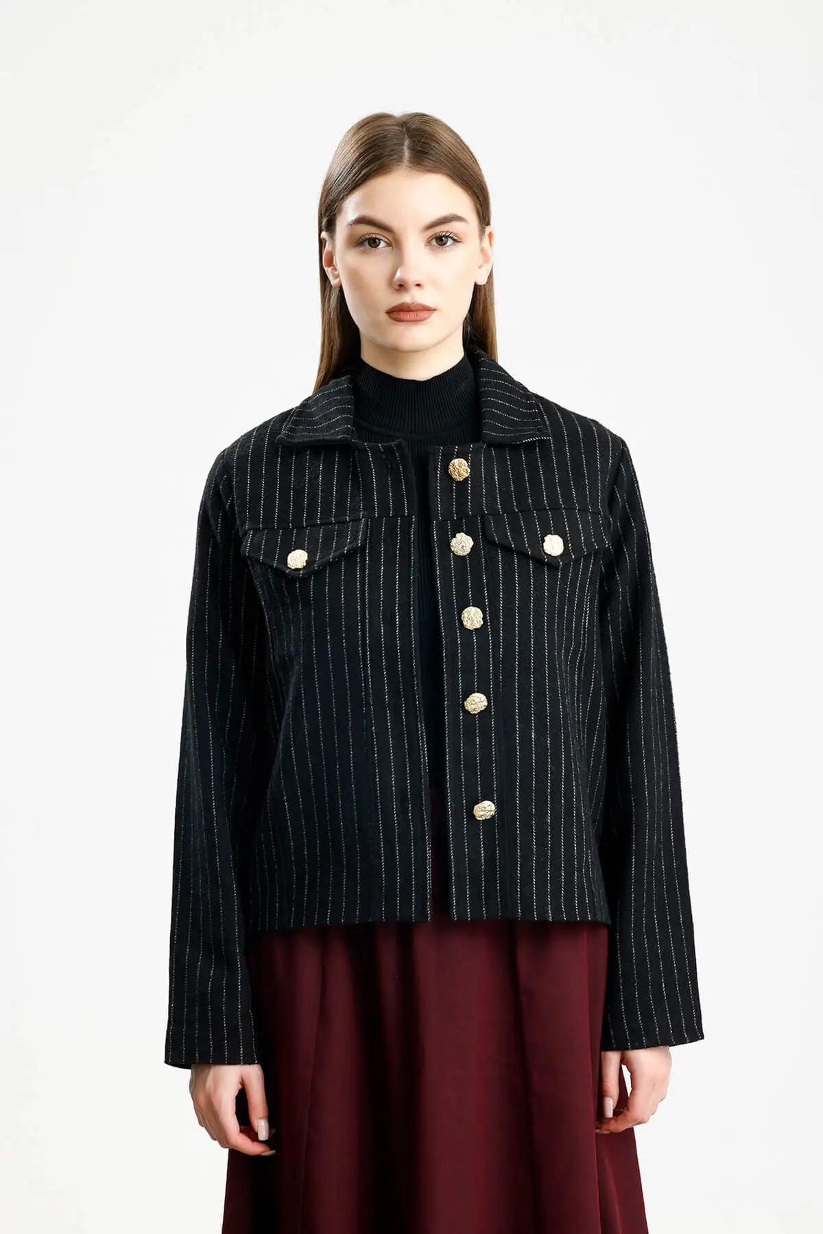 PAMUKLU KAŞE ÇİZGİLİ FIT CEKET SİYAH