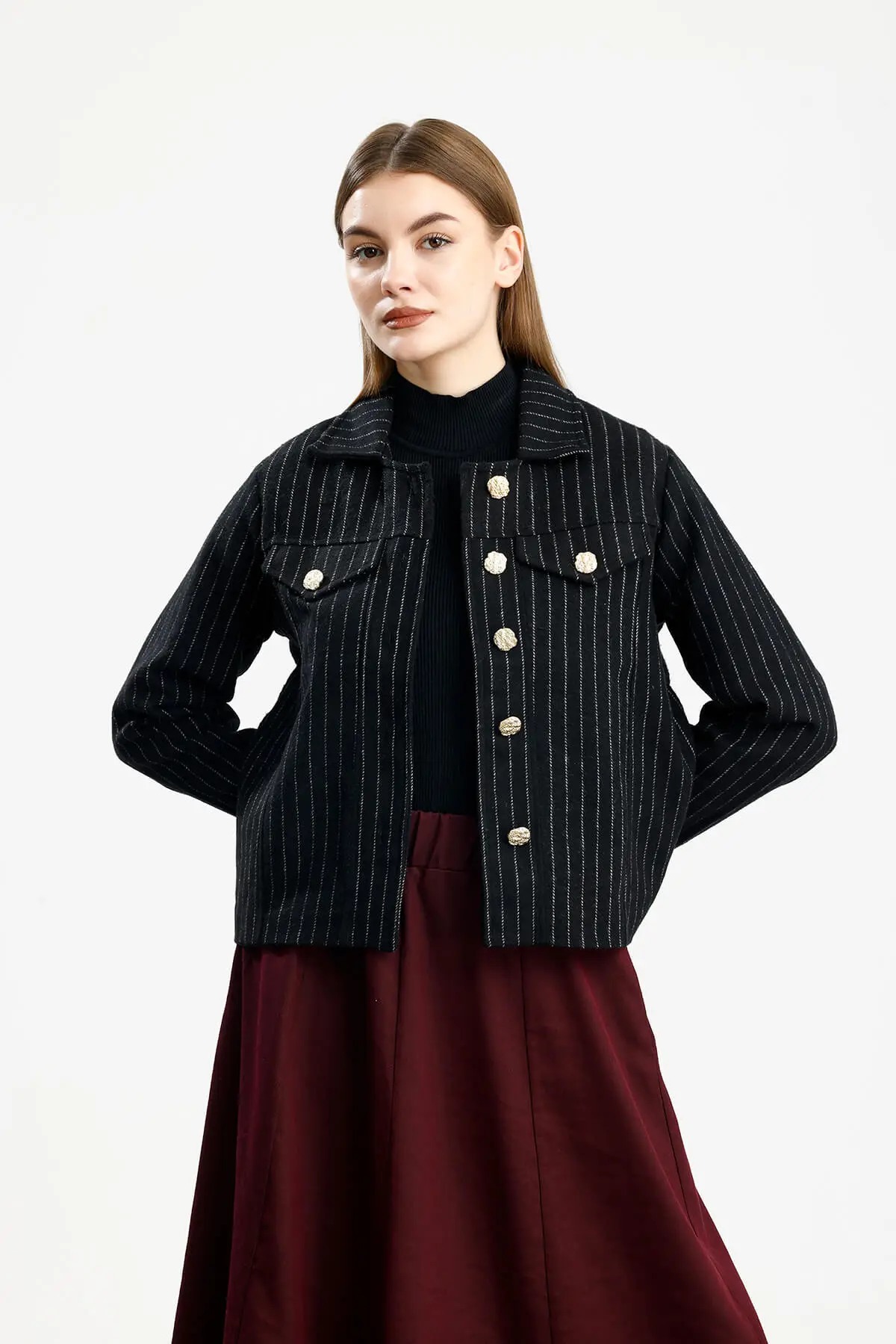 PAMUKLU KAŞE ÇİZGİLİ FIT CEKET SİYAH - 2