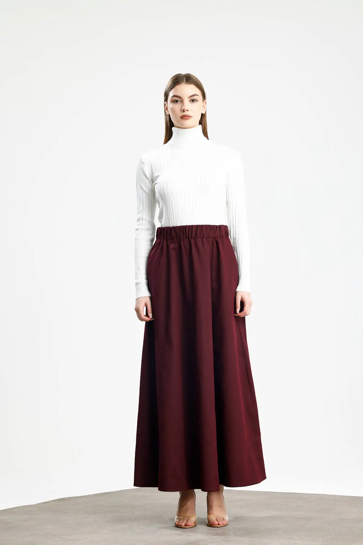 PARÇALI GENİŞ GABARDİN PAMUKLU ETEK BORDO - 1