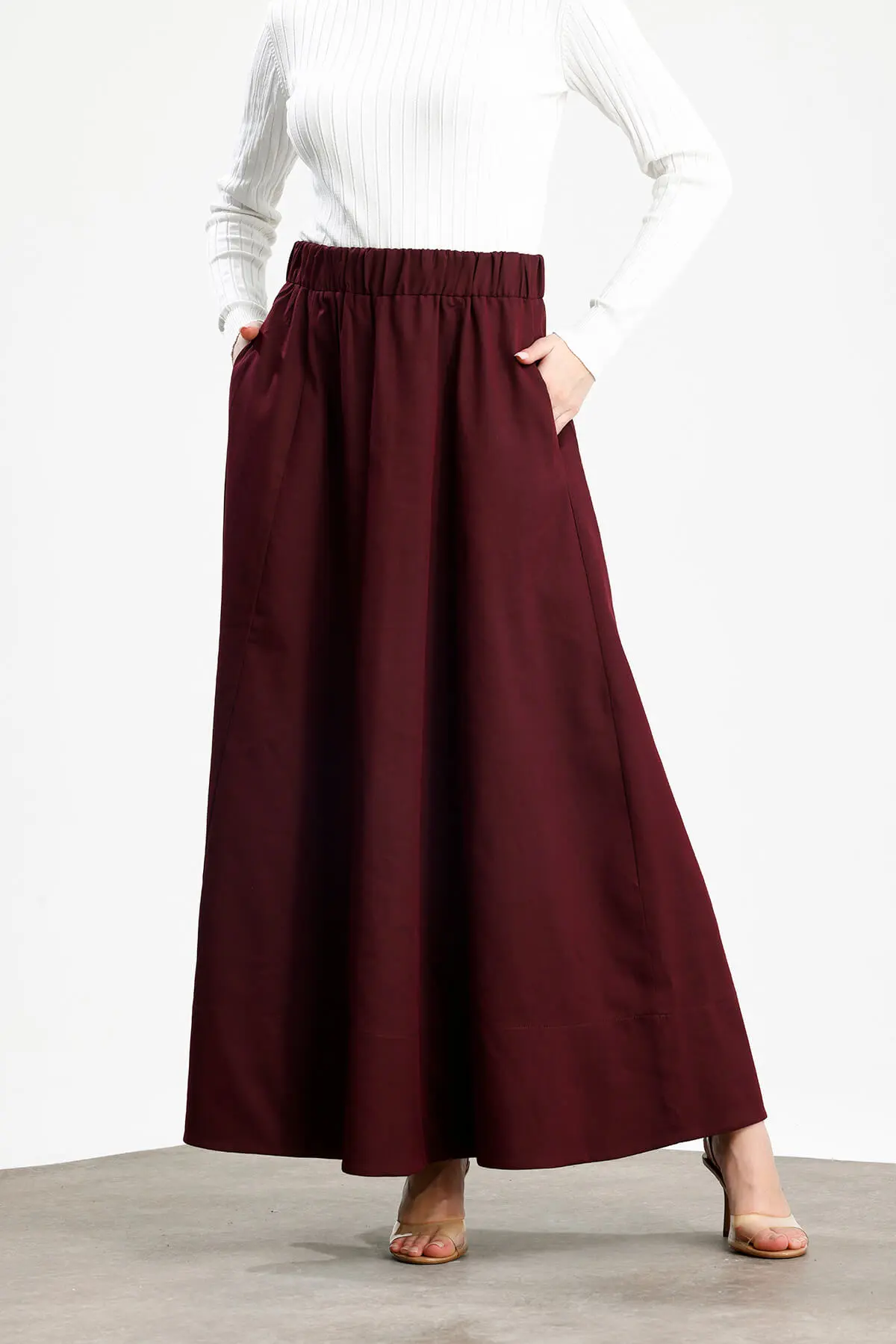 PARÇALI GENİŞ GABARDİN PAMUKLU ETEK BORDO - 2